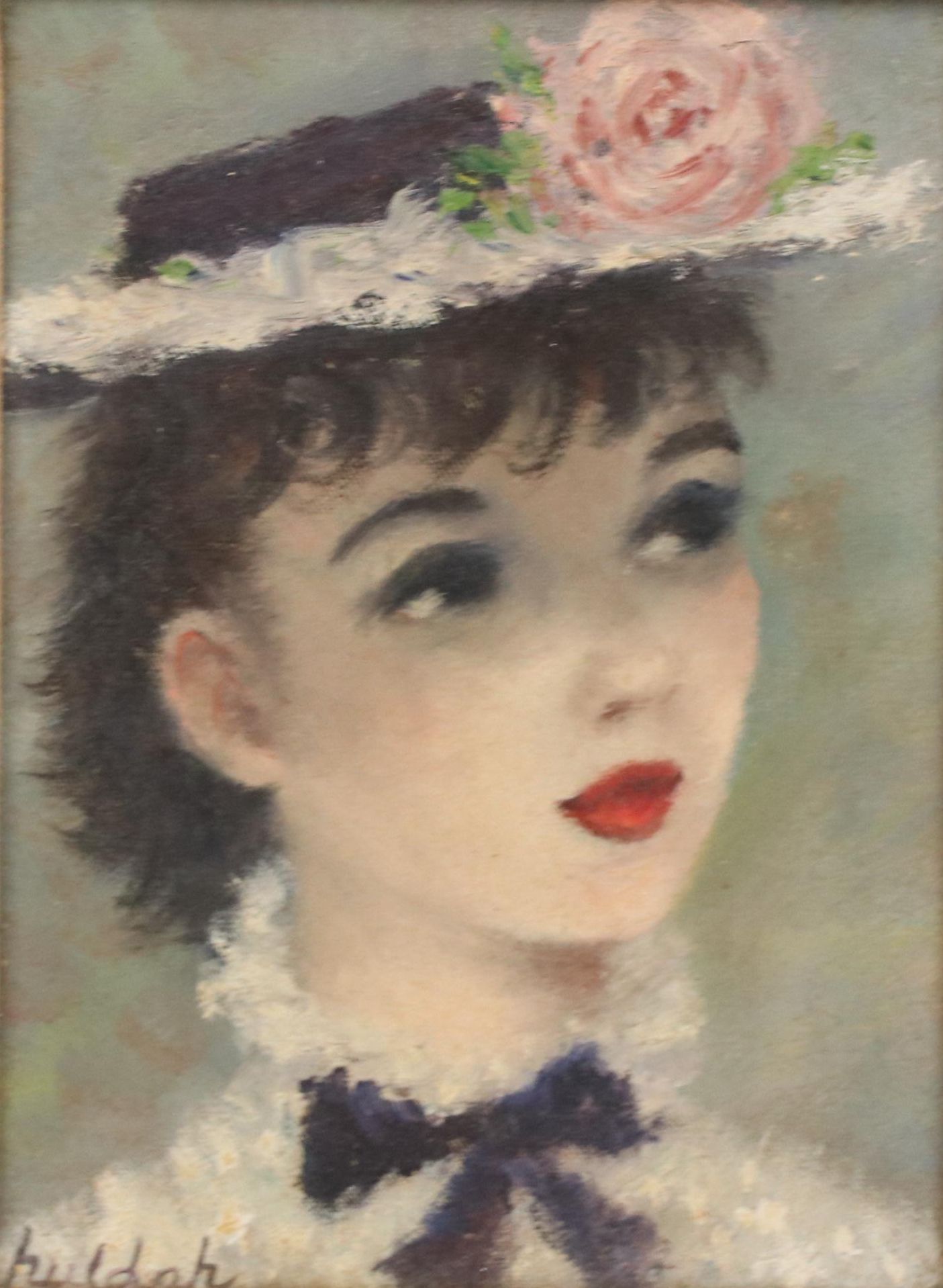 Huldah Cherry Jeffe Portrait Oil Painting of Young Woman in Flower Hat