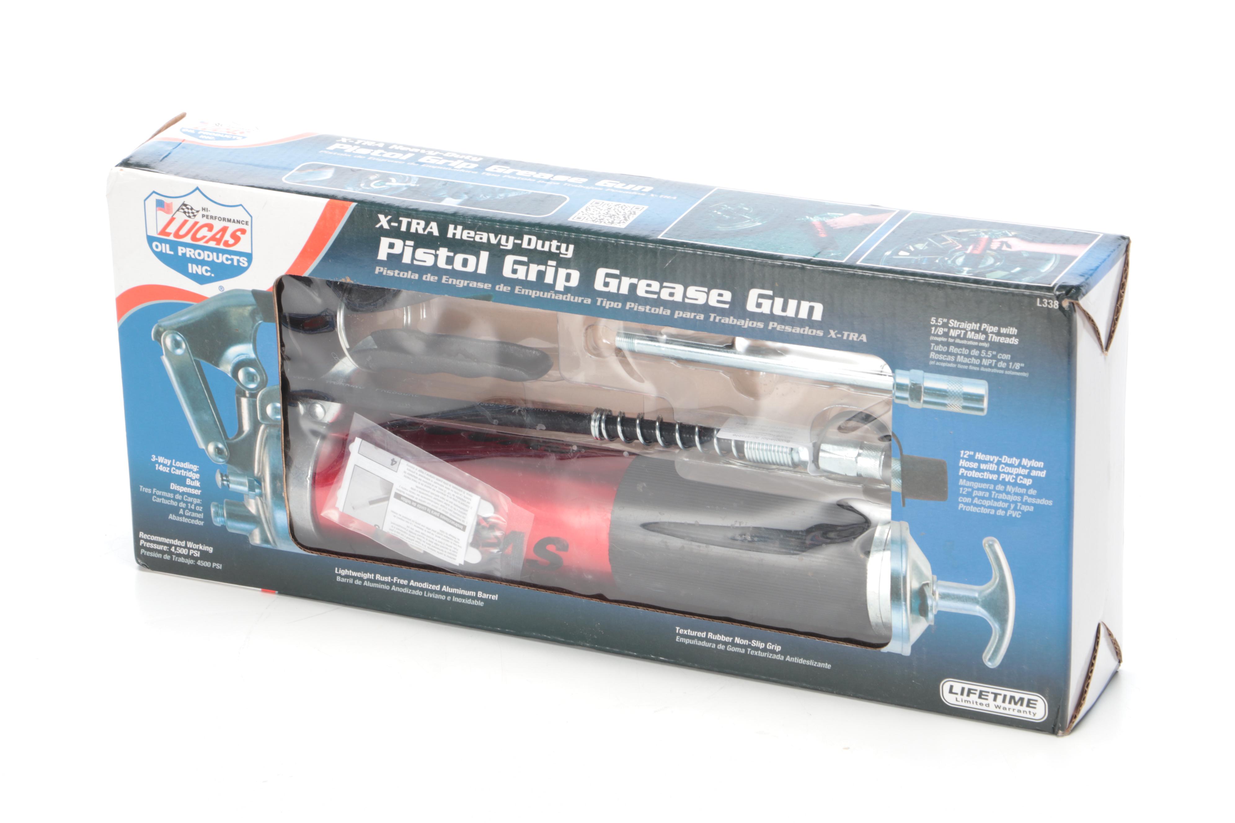 Lucas Oil Pistol Grip Grease Guns, Hoses, Refill Canisters, Wrench Set & Bucket