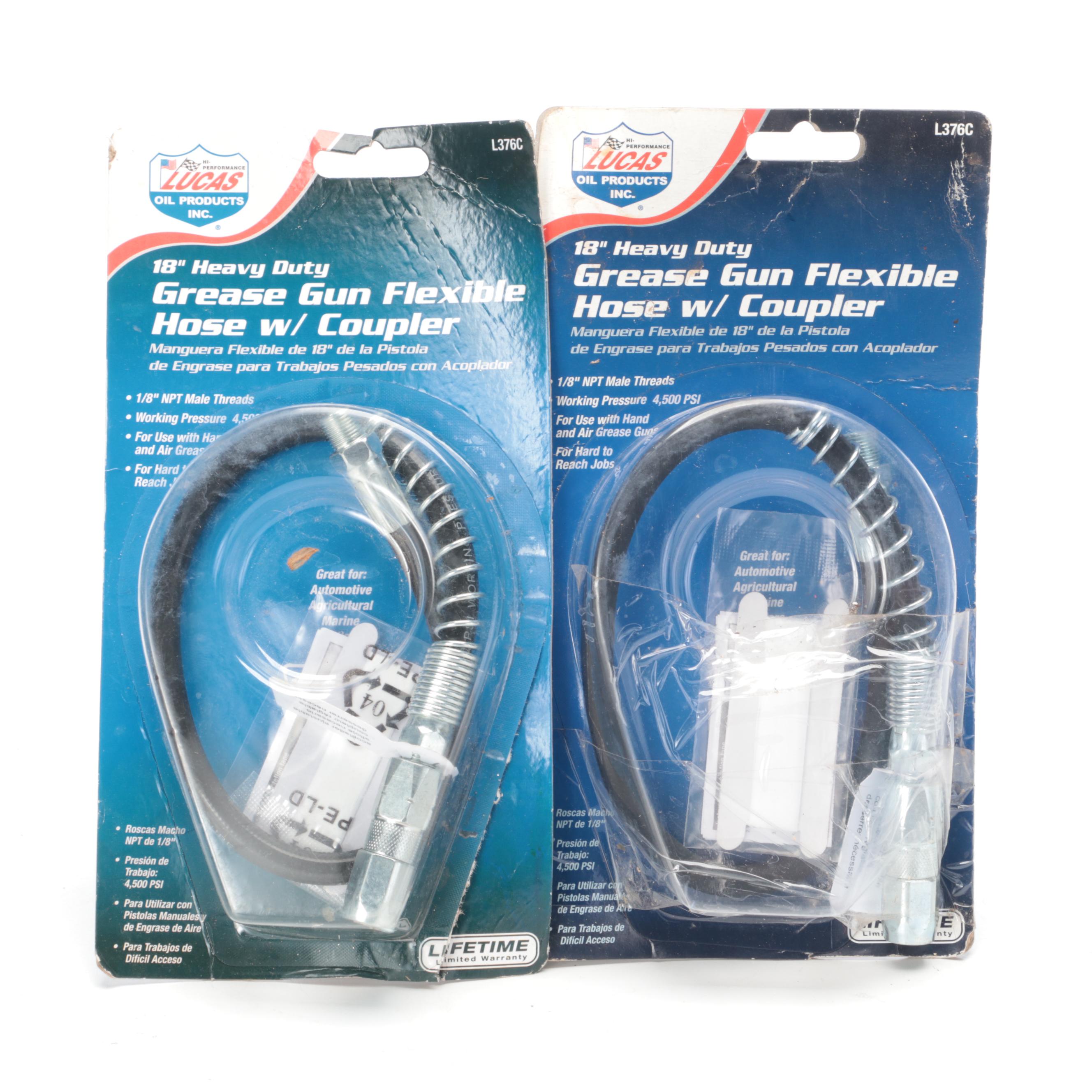 Lucas Oil Pistol Grip Grease Guns, Hoses, Refill Canisters, Wrench Set & Bucket