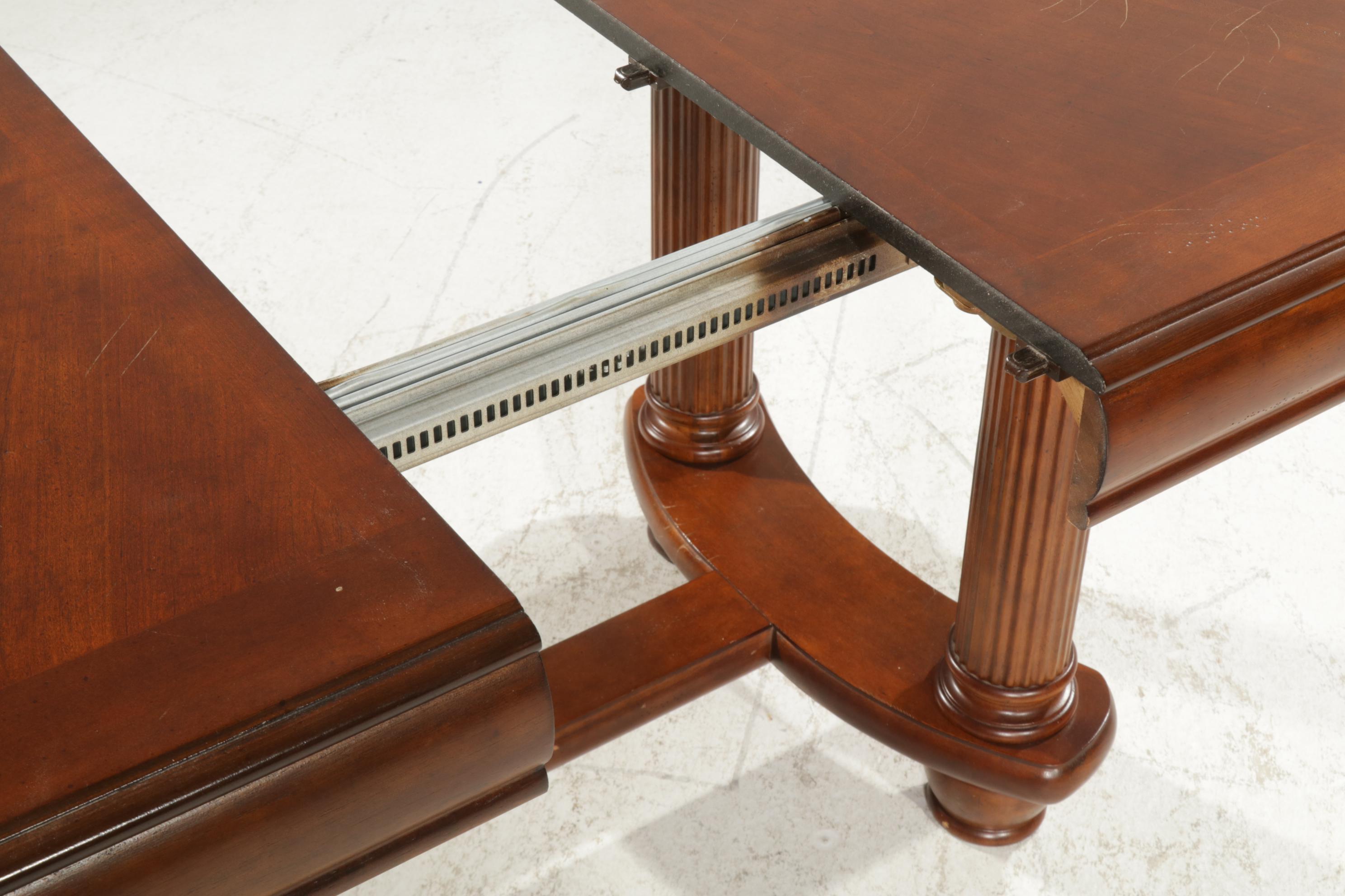 Neoclassical Style Cherry-Stained Extension Dining Table and Six Hyundai Chairs