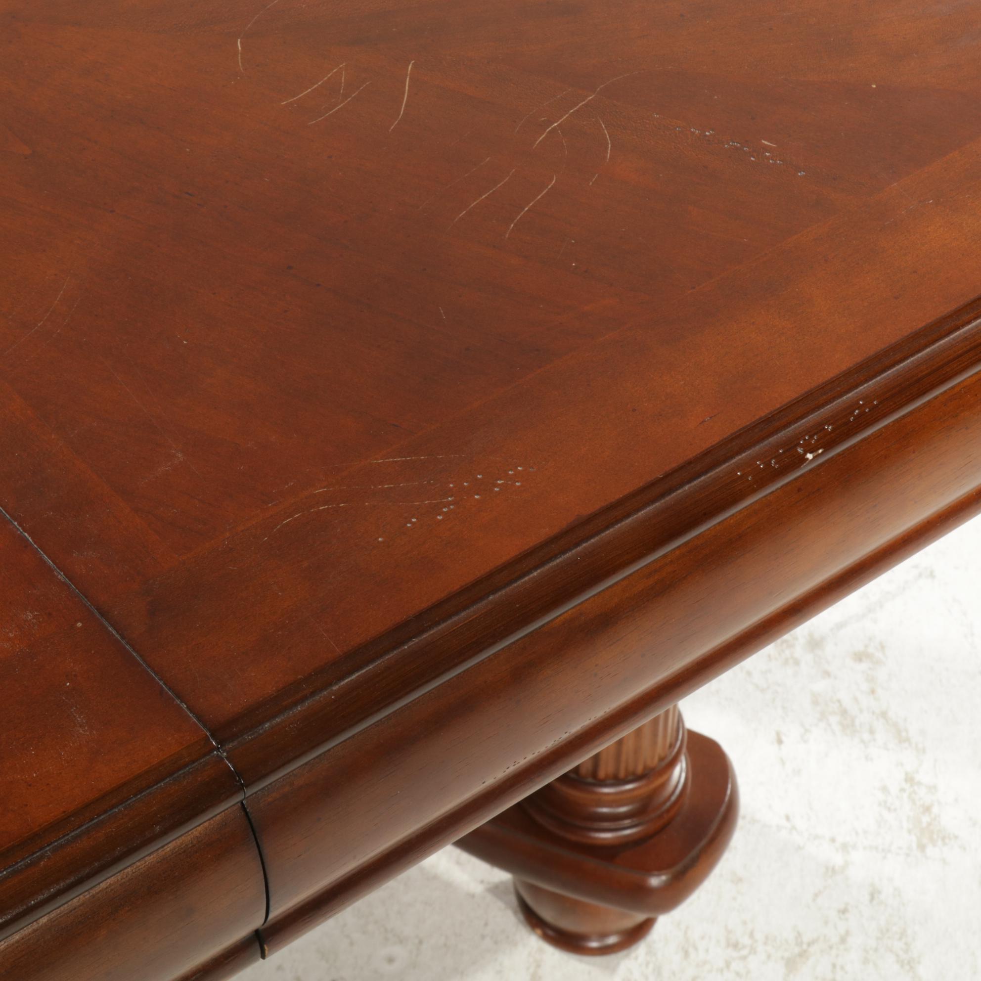 Neoclassical Style Cherry-Stained Extension Dining Table and Six Hyundai Chairs