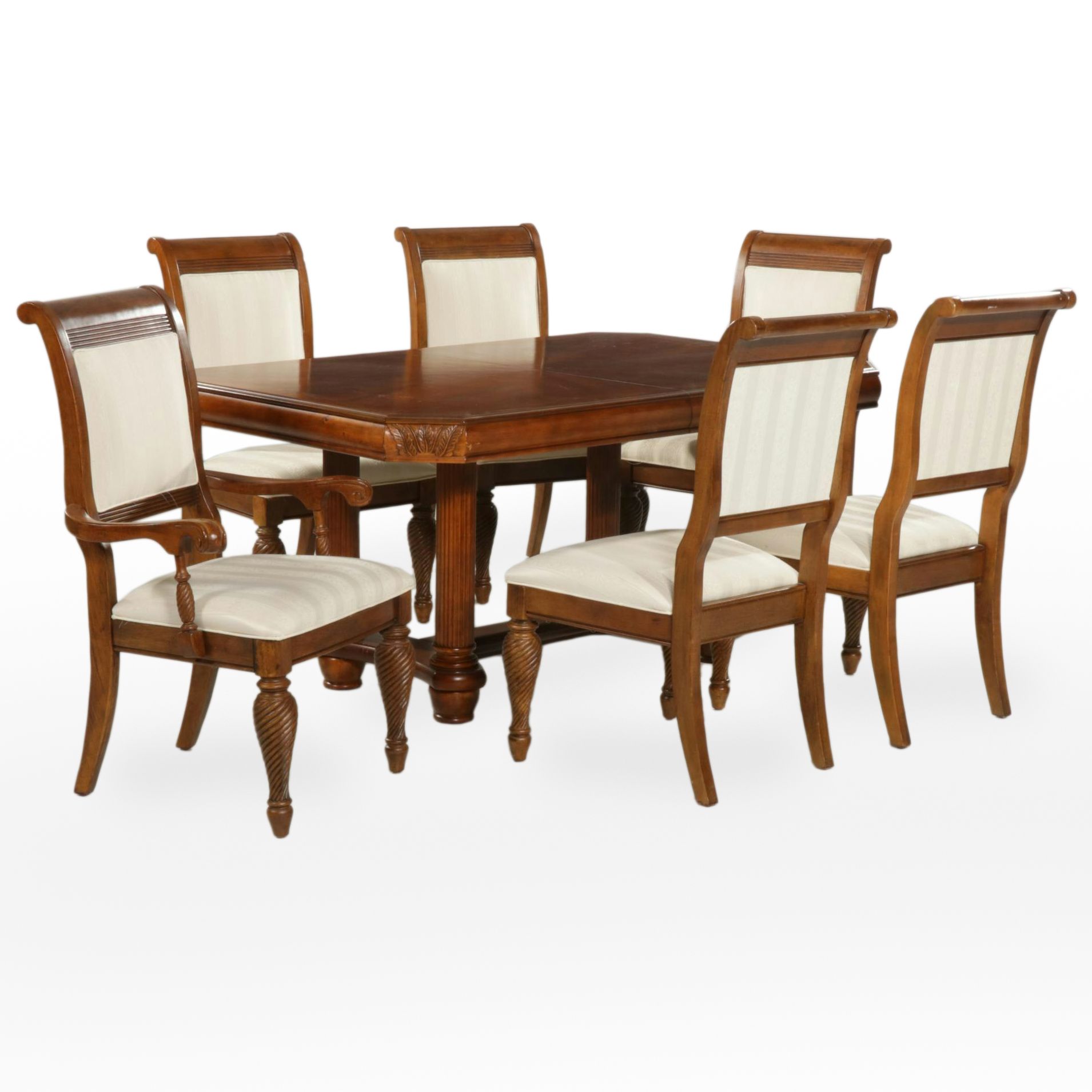 Neoclassical Style Cherry-Stained Extension Dining Table and Six Hyundai Chairs