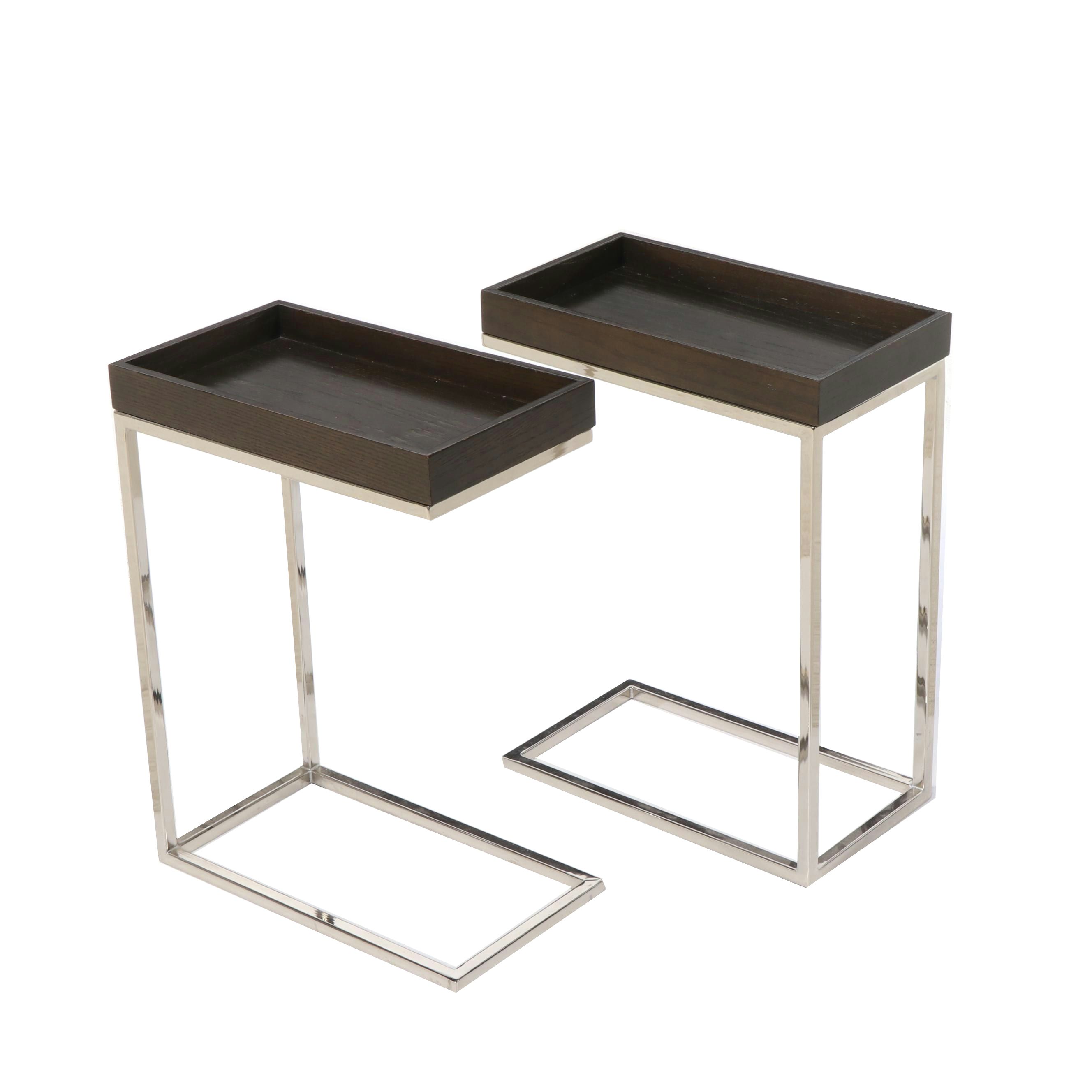 Pair of Modern C-Shape Wood and Chromed Metal Tray Top Tables