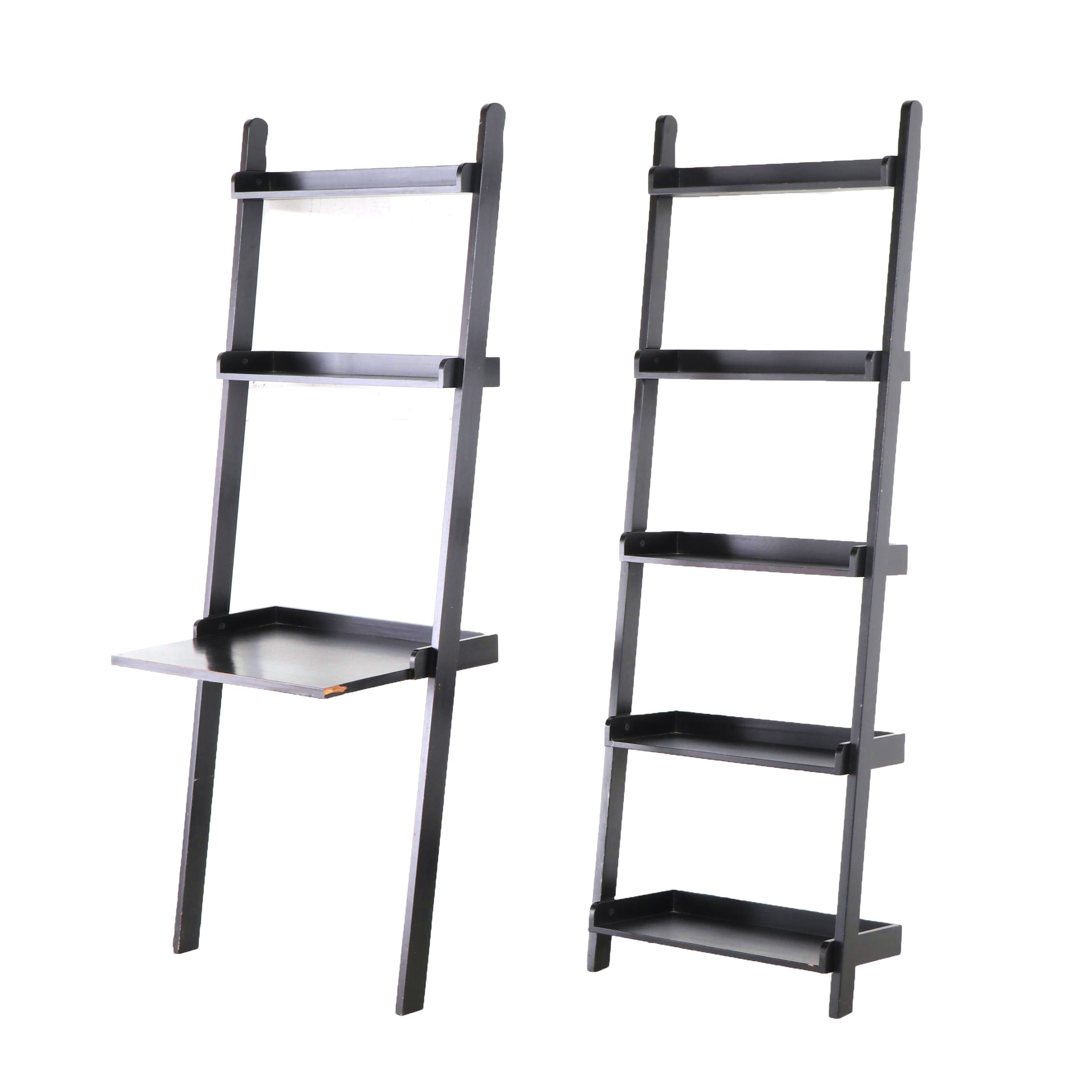 Two Contemporary Leaning Ladder Bookshelves