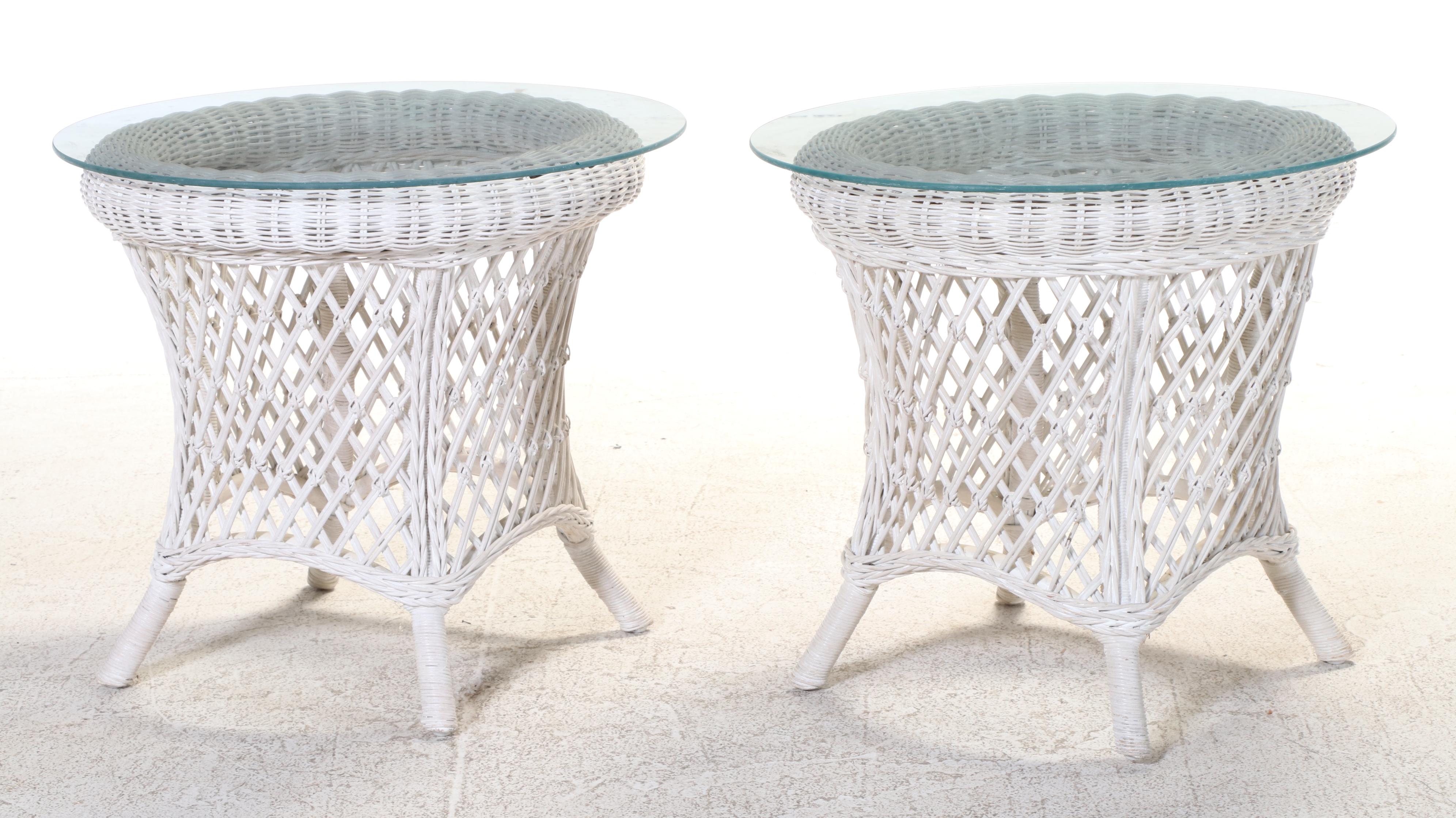 White-Painted Wicker, Rattan, and Glass Top Coffee Table w/ Pair of Side Tables