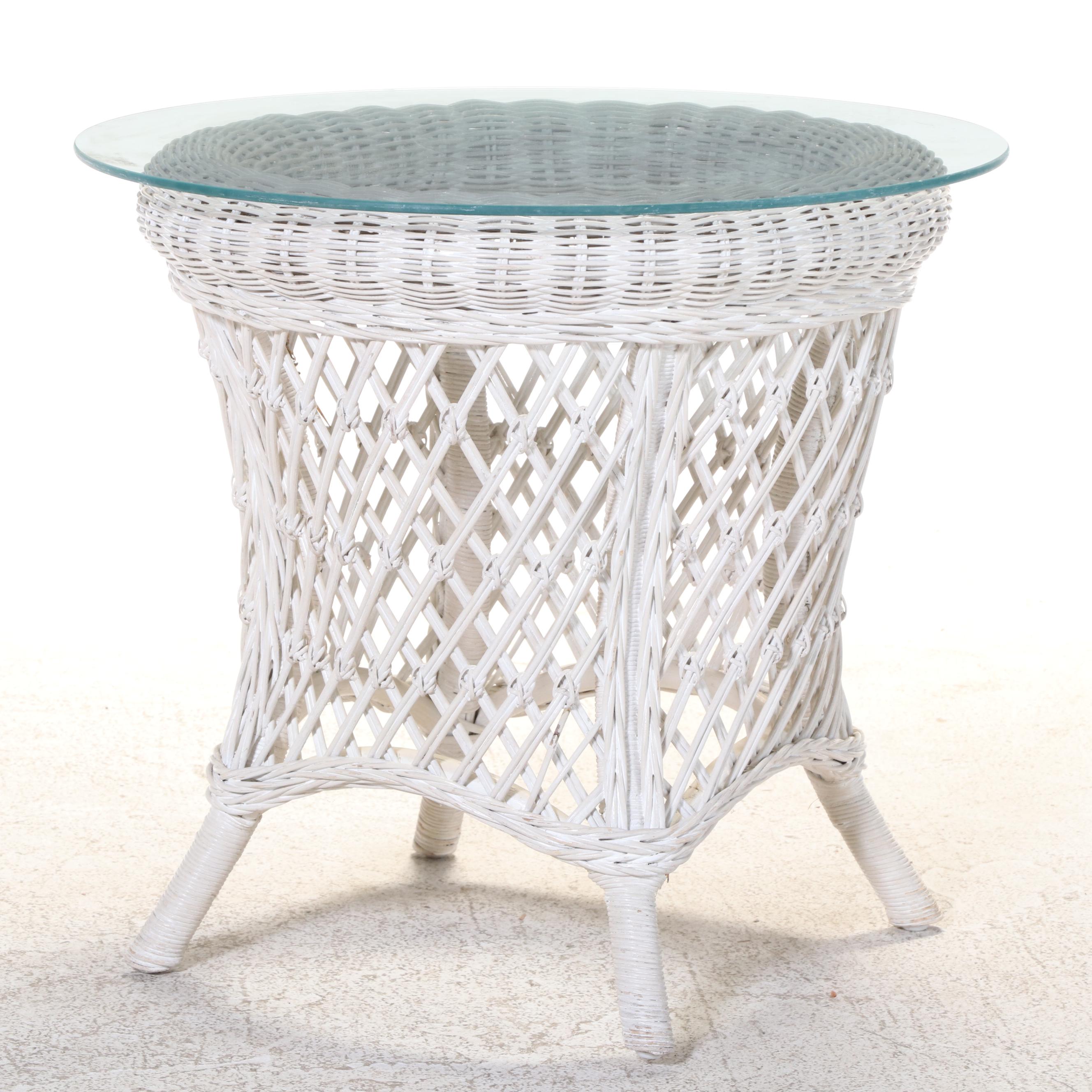 White-Painted Wicker, Rattan, and Glass Top Coffee Table w/ Pair of Side Tables