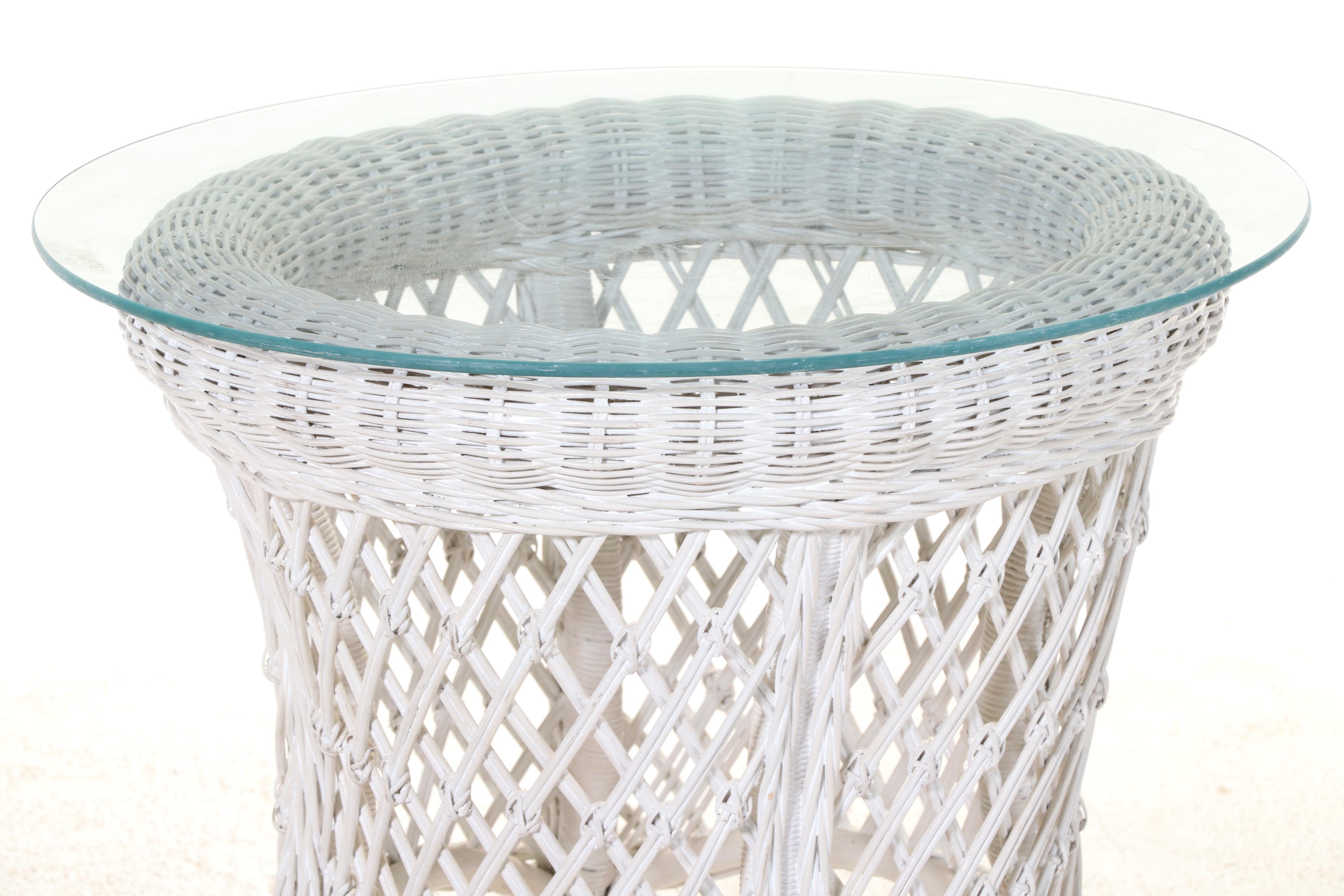 White-Painted Wicker, Rattan, and Glass Top Coffee Table w/ Pair of Side Tables
