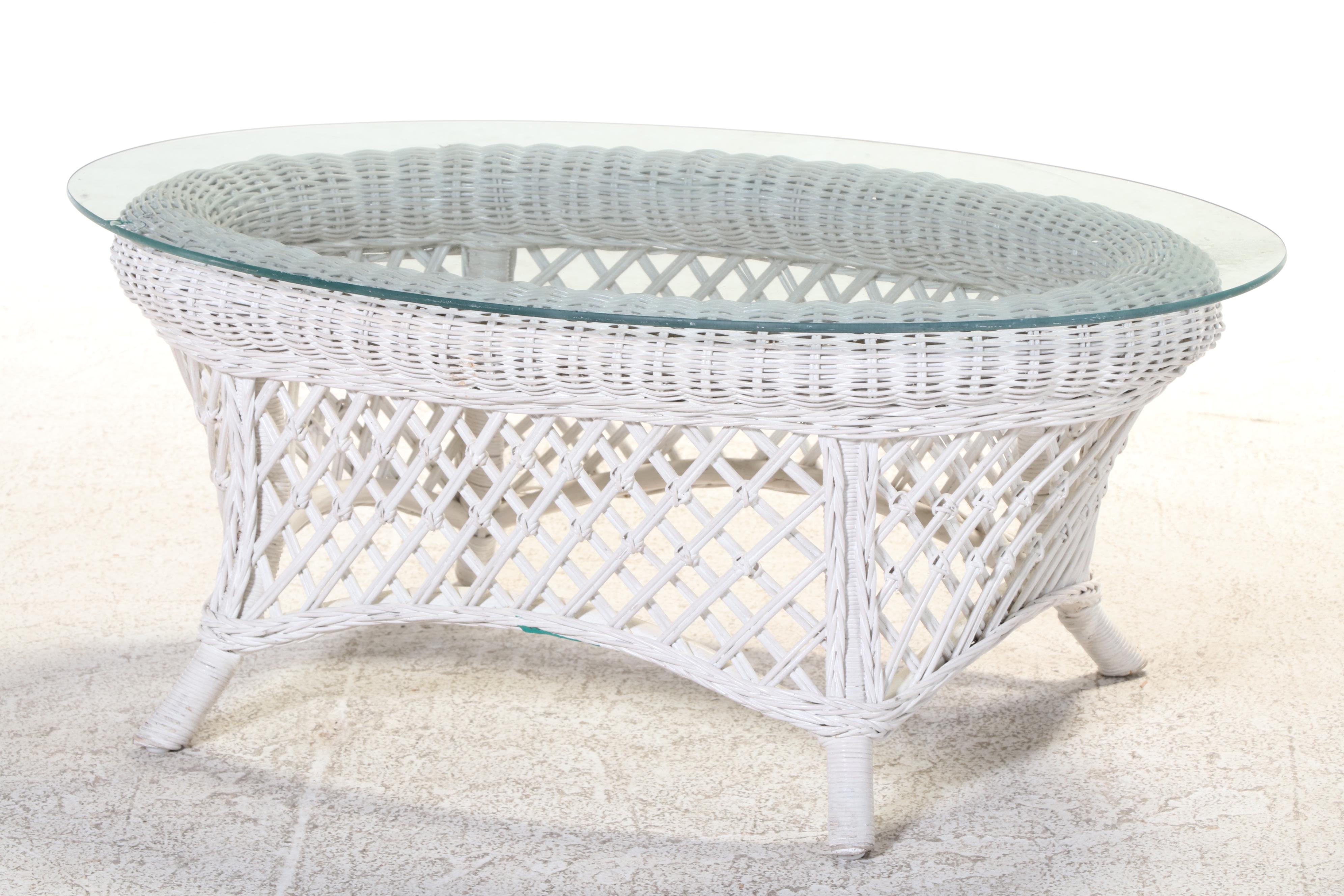 White-Painted Wicker, Rattan, and Glass Top Coffee Table w/ Pair of Side Tables