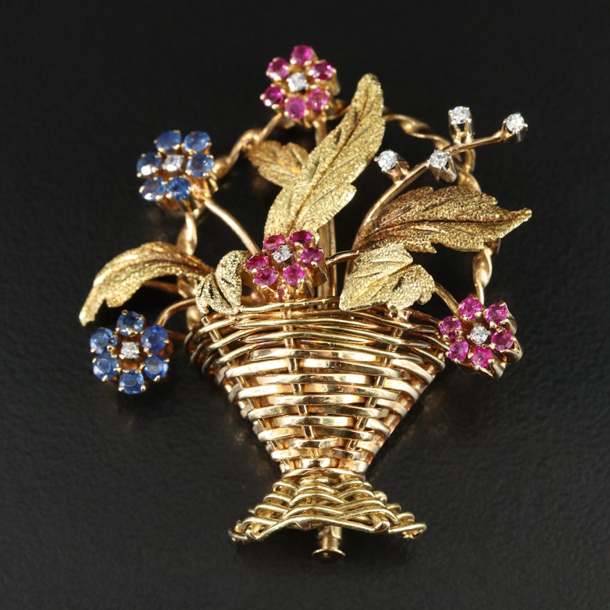 18K Giardinetti Brooch with Ruby, Sapphire and Diamond