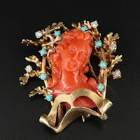 Vintage 14K Coral, Diamond and Turquoise Brooch