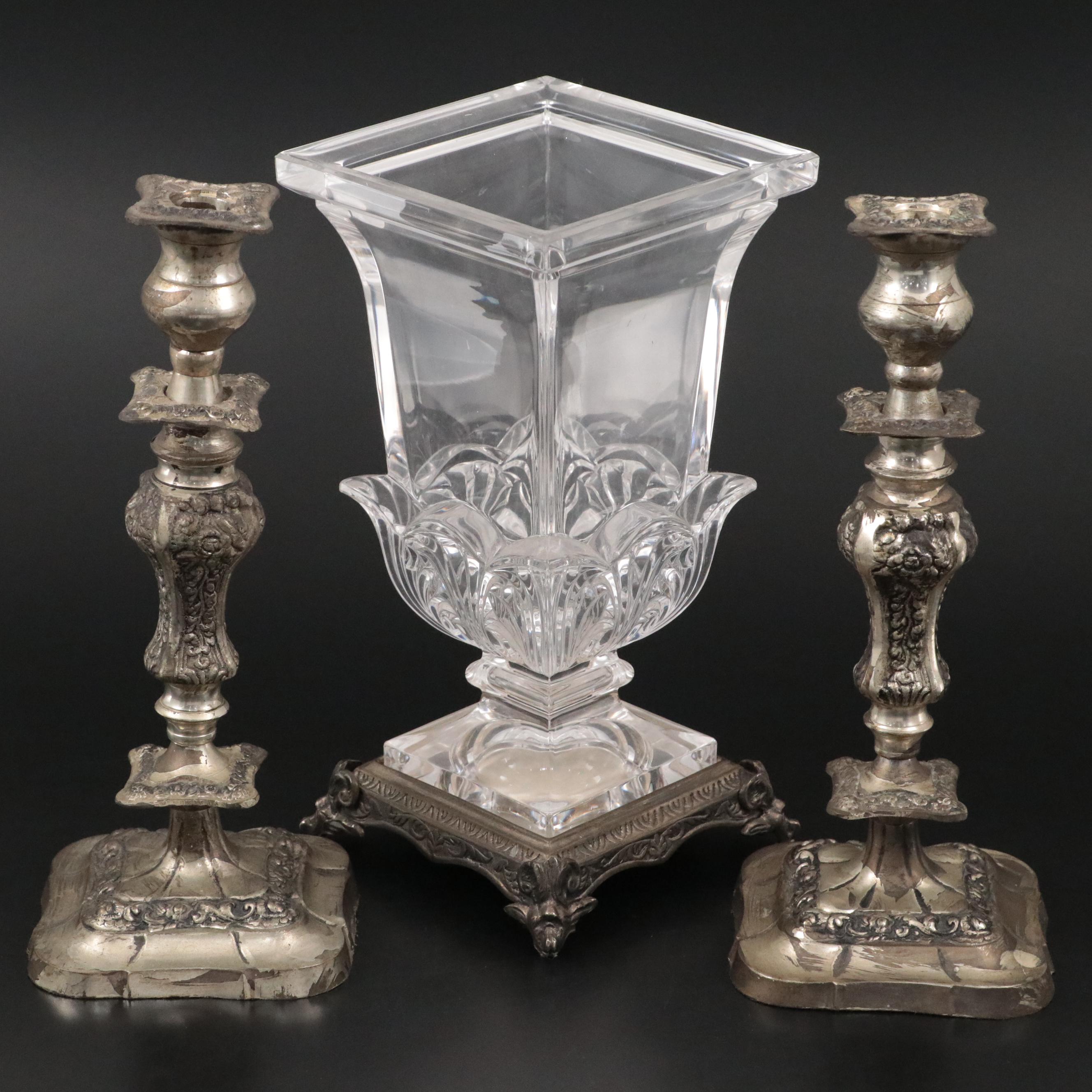 Mounted Square Crystal Vase with Floral Motif Silver Plate Candlesticks