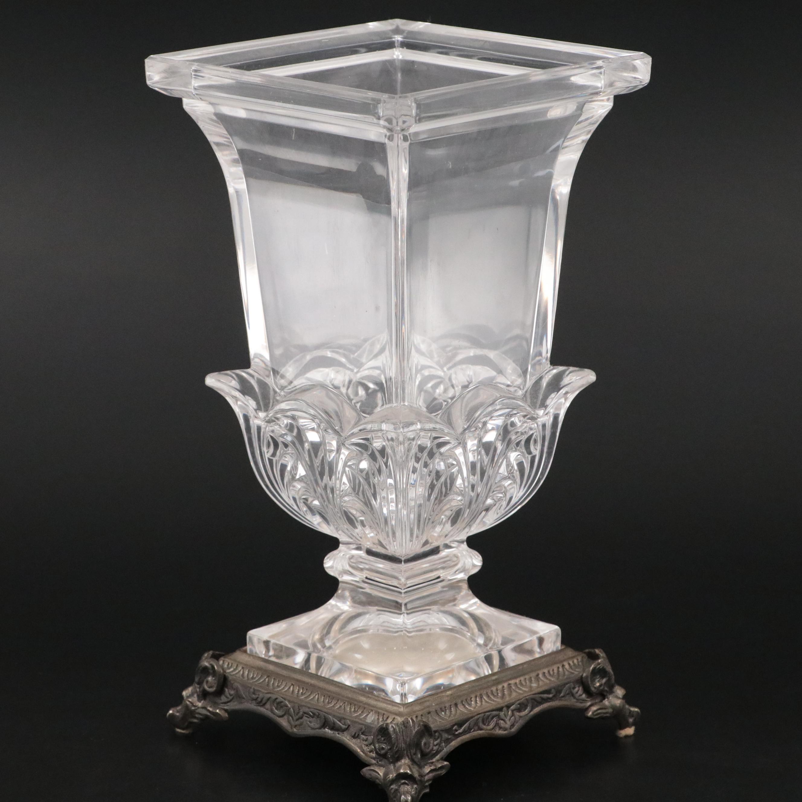 Mounted Square Crystal Vase with Floral Motif Silver Plate Candlesticks
