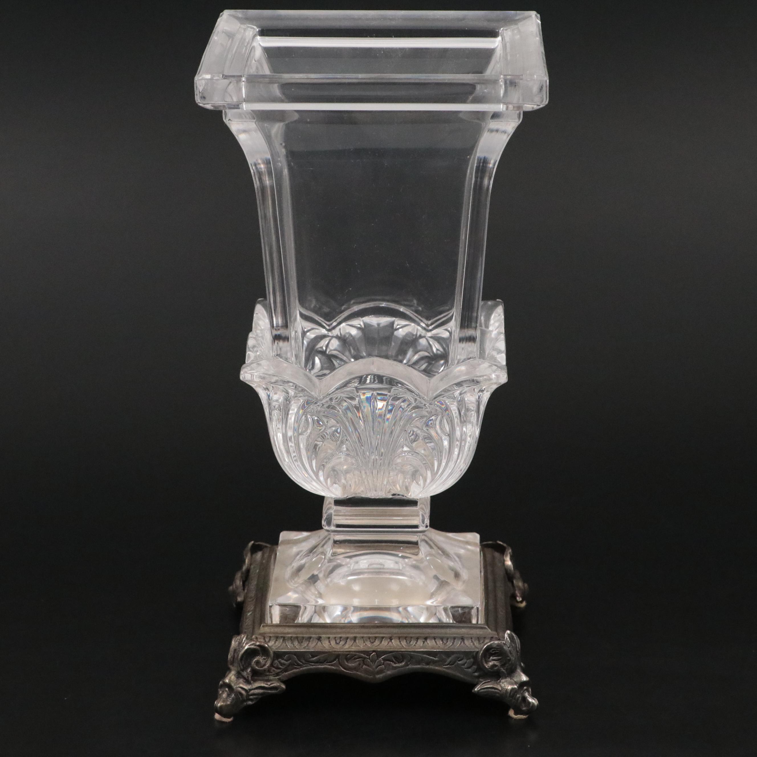 Mounted Square Crystal Vase with Floral Motif Silver Plate Candlesticks