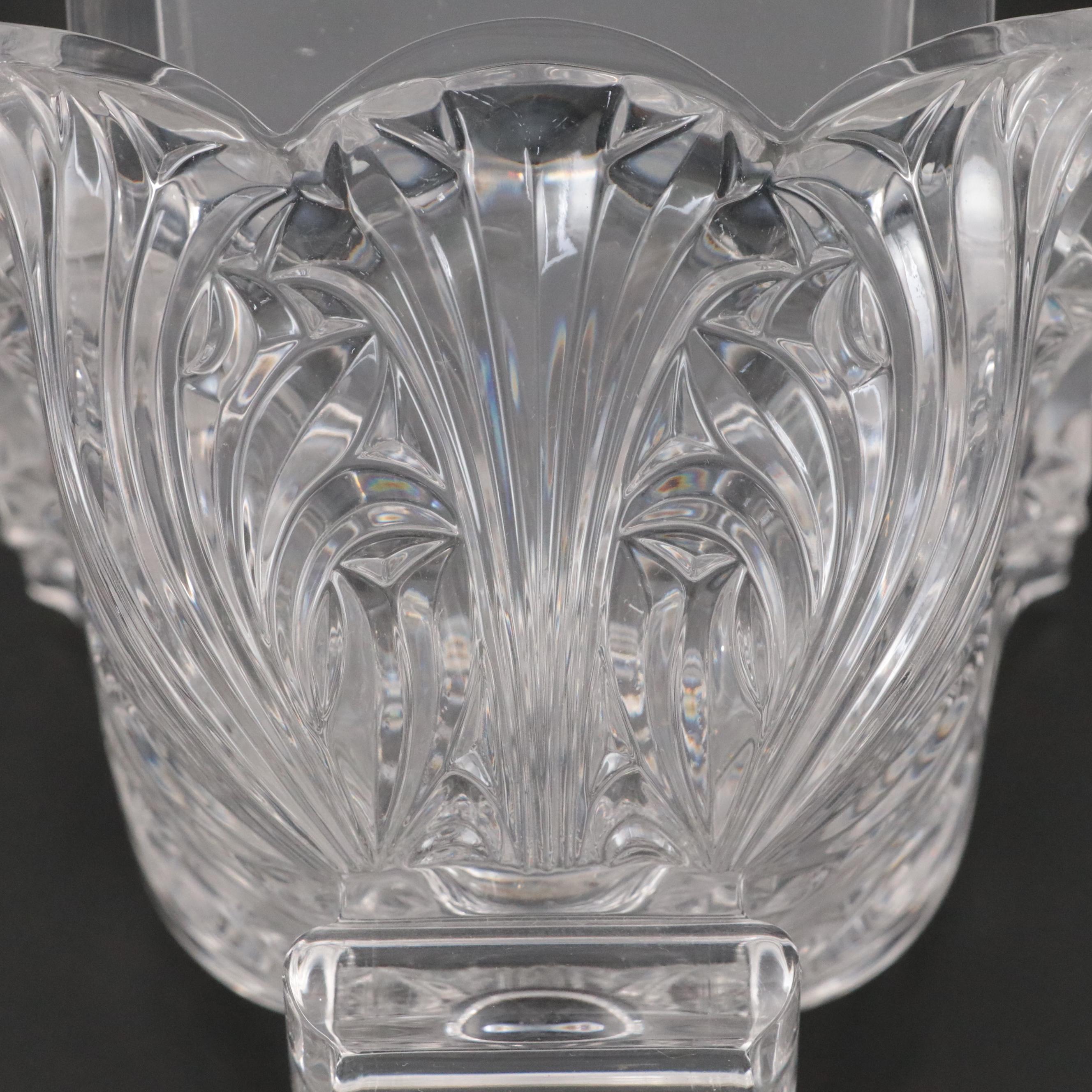 Mounted Square Crystal Vase with Floral Motif Silver Plate Candlesticks
