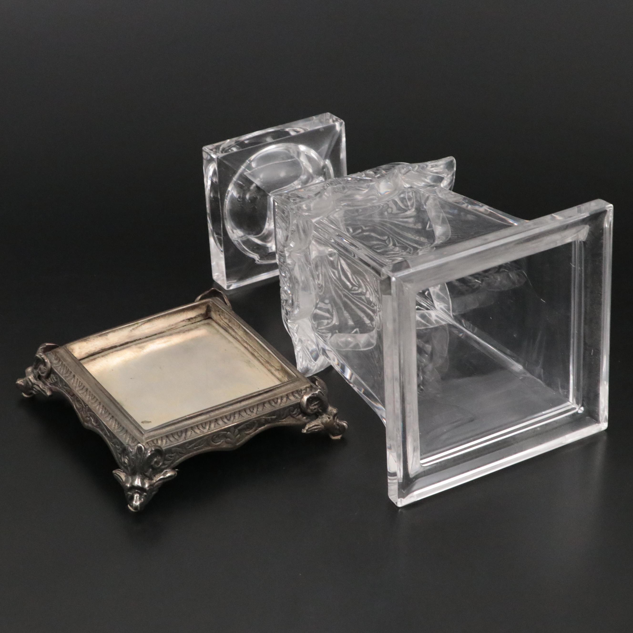 Mounted Square Crystal Vase with Floral Motif Silver Plate Candlesticks