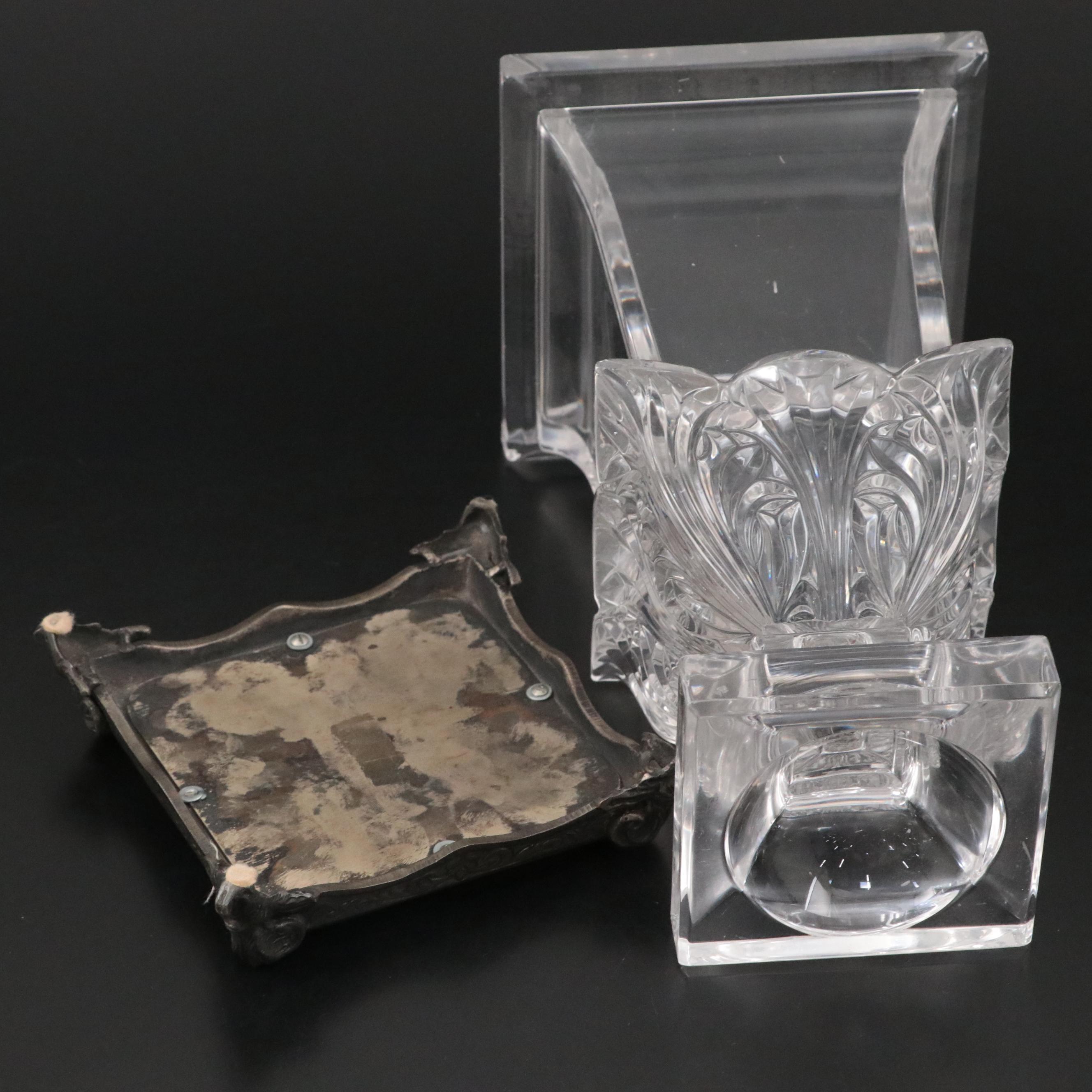 Mounted Square Crystal Vase with Floral Motif Silver Plate Candlesticks