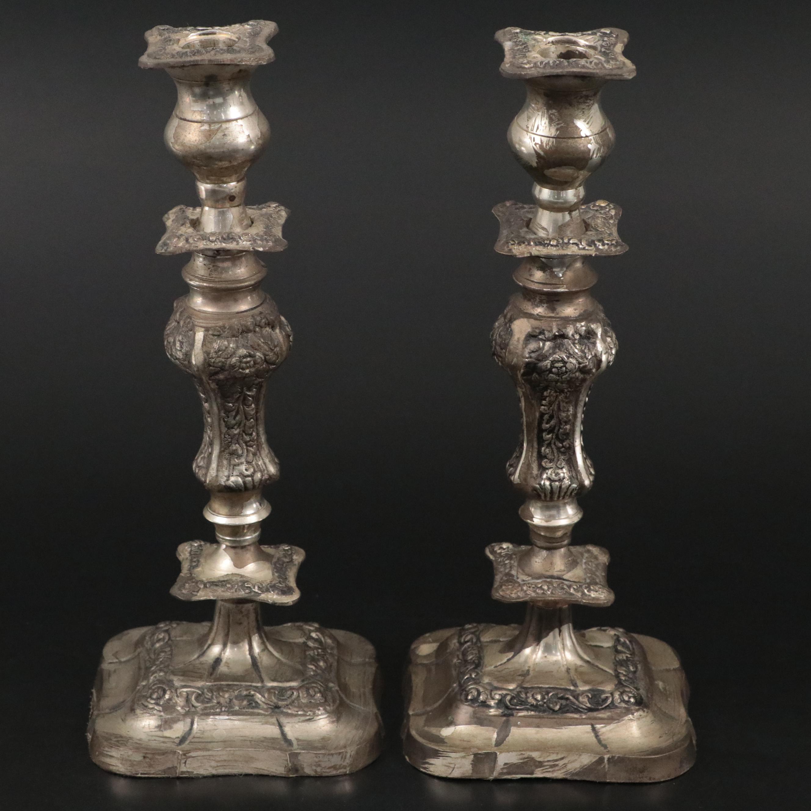 Mounted Square Crystal Vase with Floral Motif Silver Plate Candlesticks