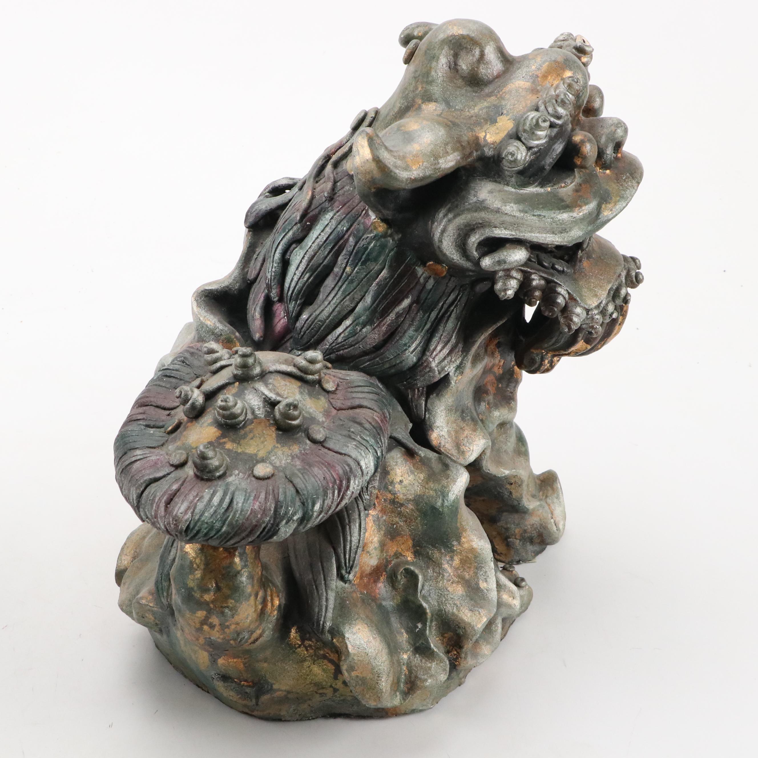 Cast Plaster Composite Guardian Lions Pair With Cub