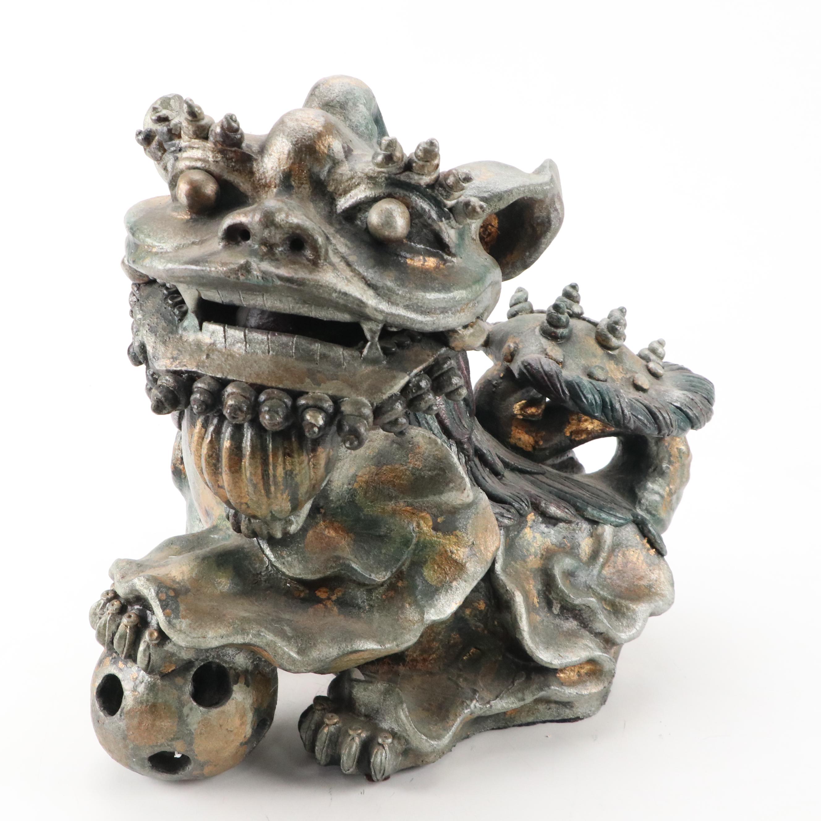 Cast Plaster Composite Guardian Lions Pair With Cub