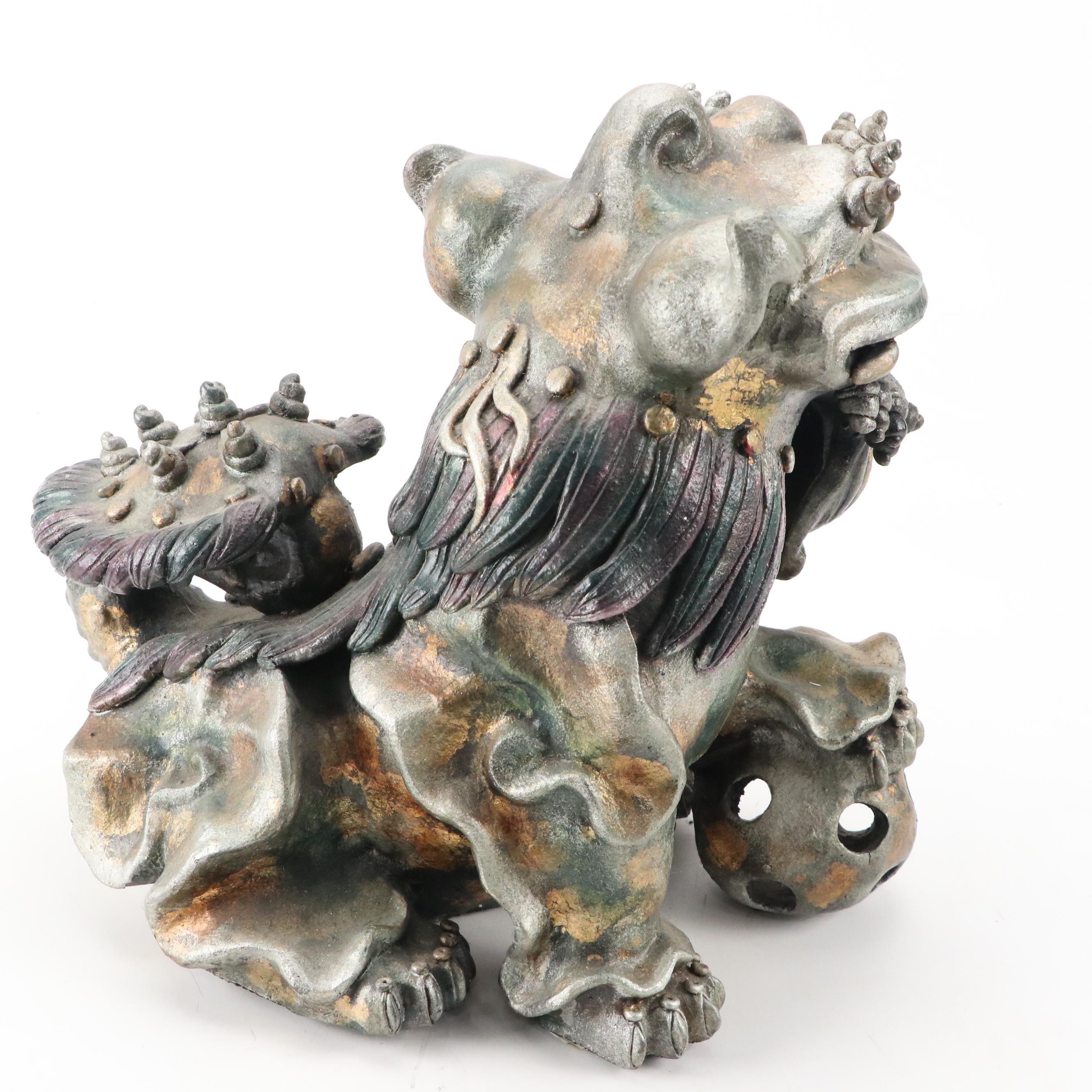 Cast Plaster Composite Guardian Lions Pair With Cub