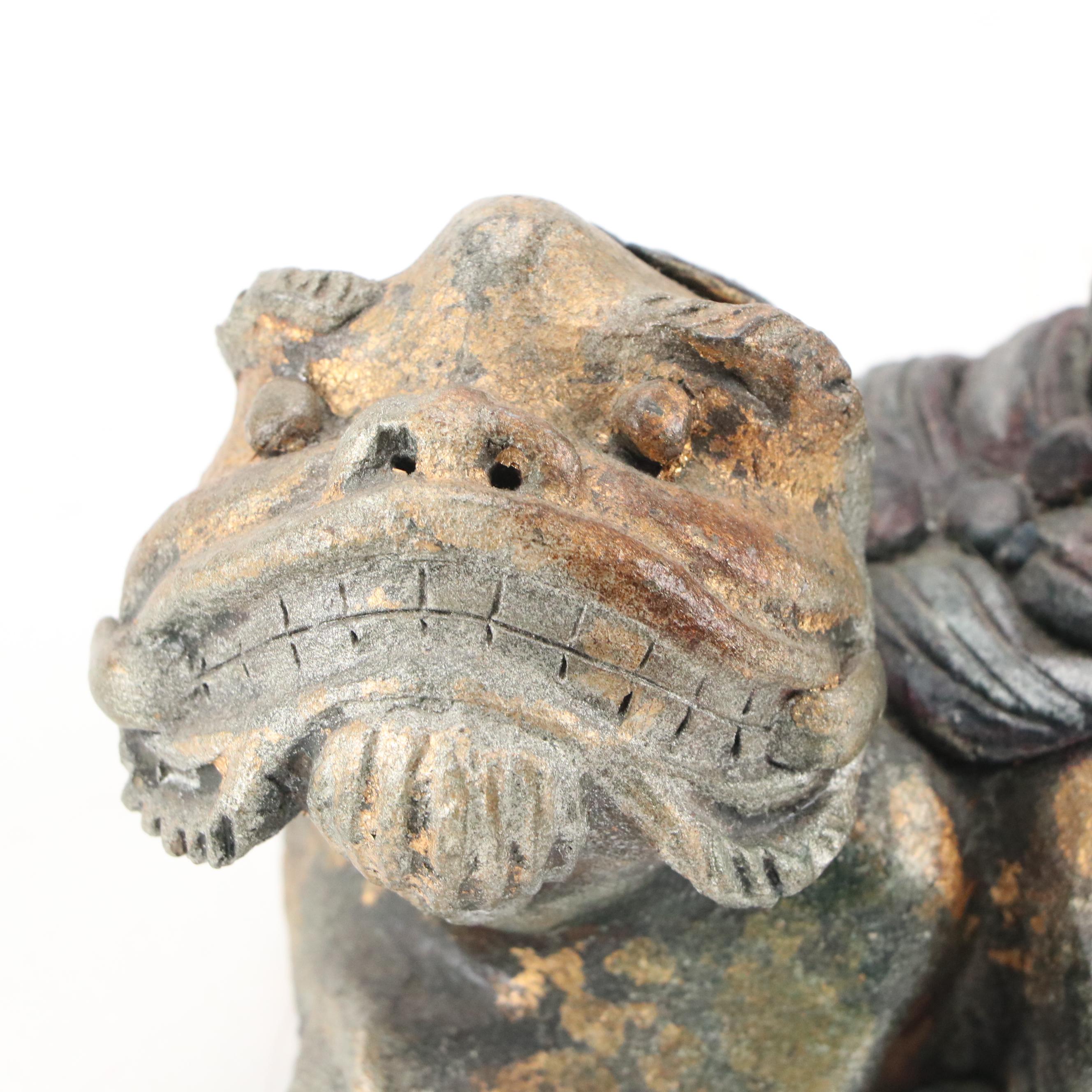 Cast Plaster Composite Guardian Lions Pair With Cub