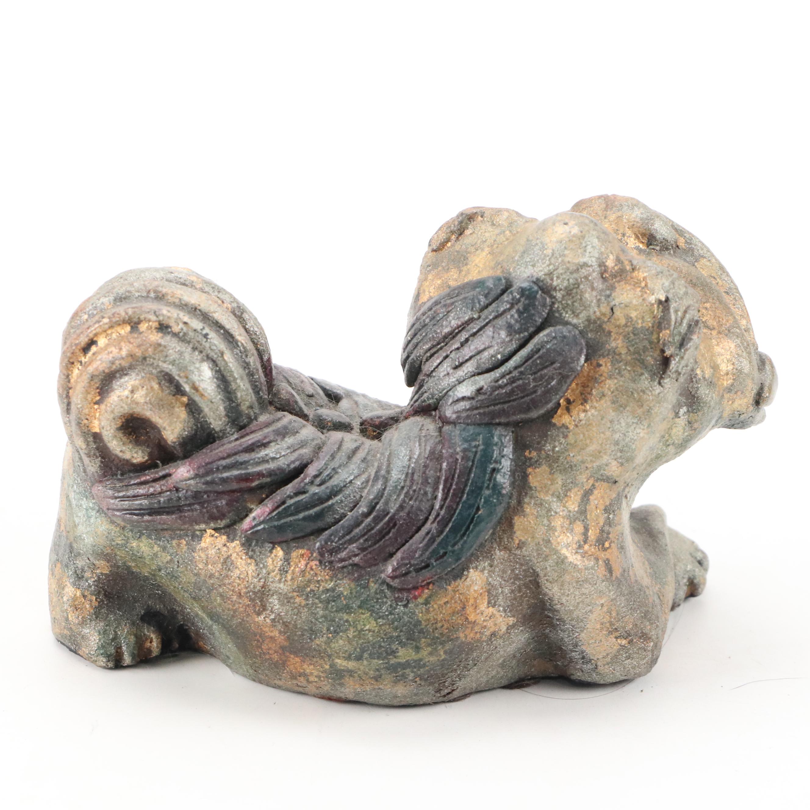 Cast Plaster Composite Guardian Lions Pair With Cub