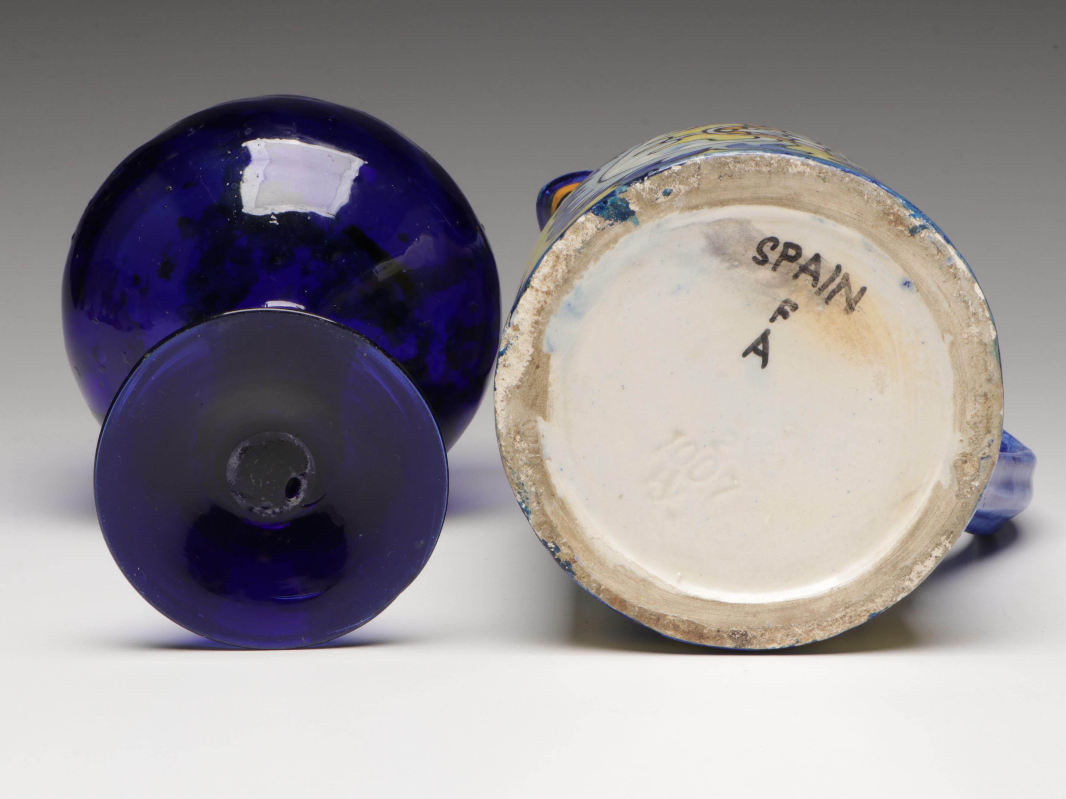 Spanish Faience Pitcher with Cobalt Handkerchief Vase and Other Tableware