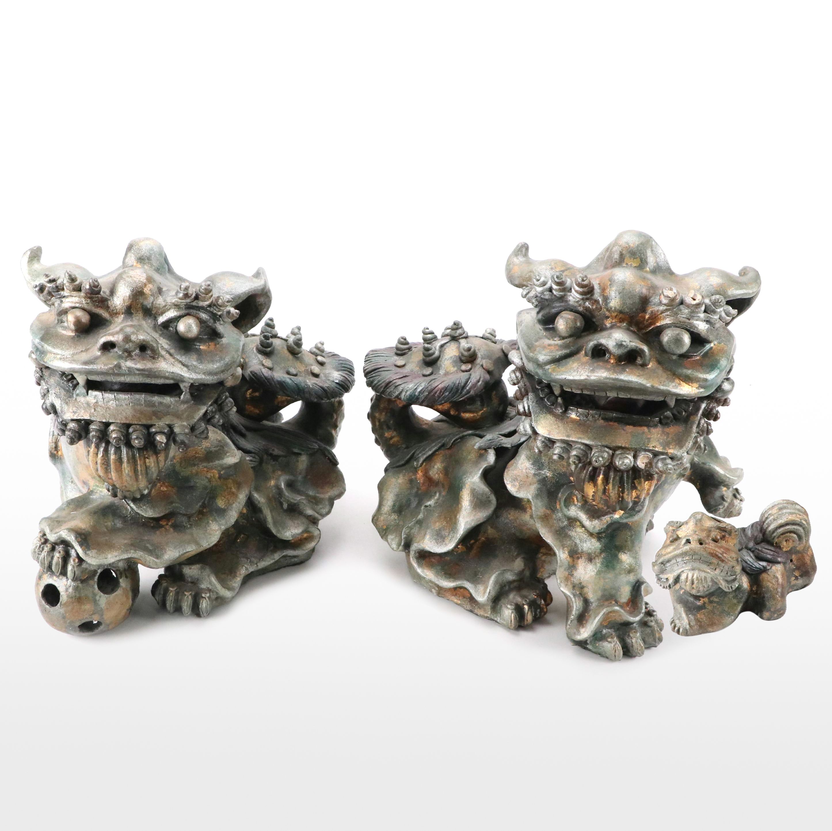 Cast Plaster Composite Guardian Lions Pair With Cub