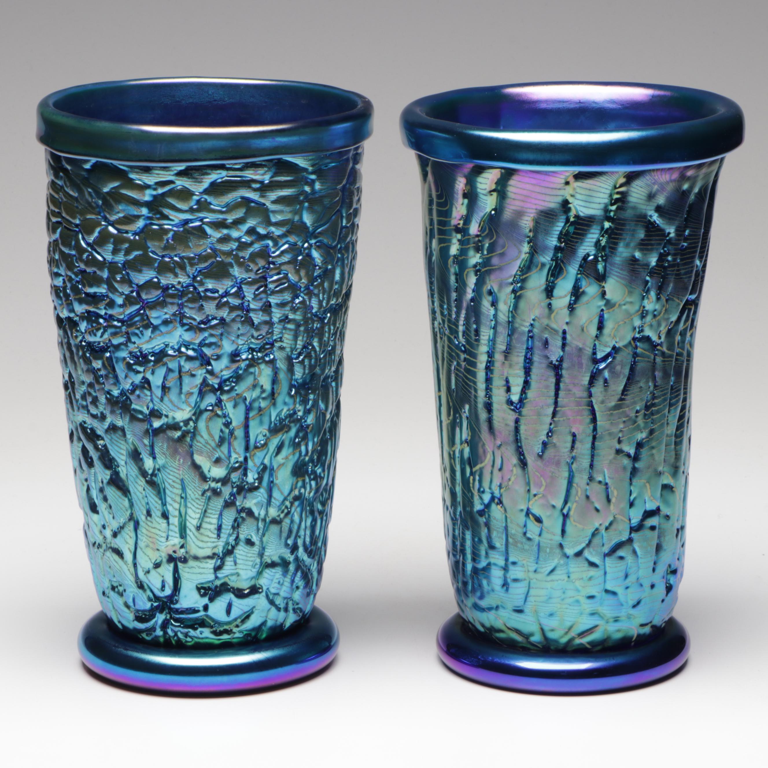Scott Beyers for Orient & Flume Blue Iridescent Crocodile Art Glass Vases
