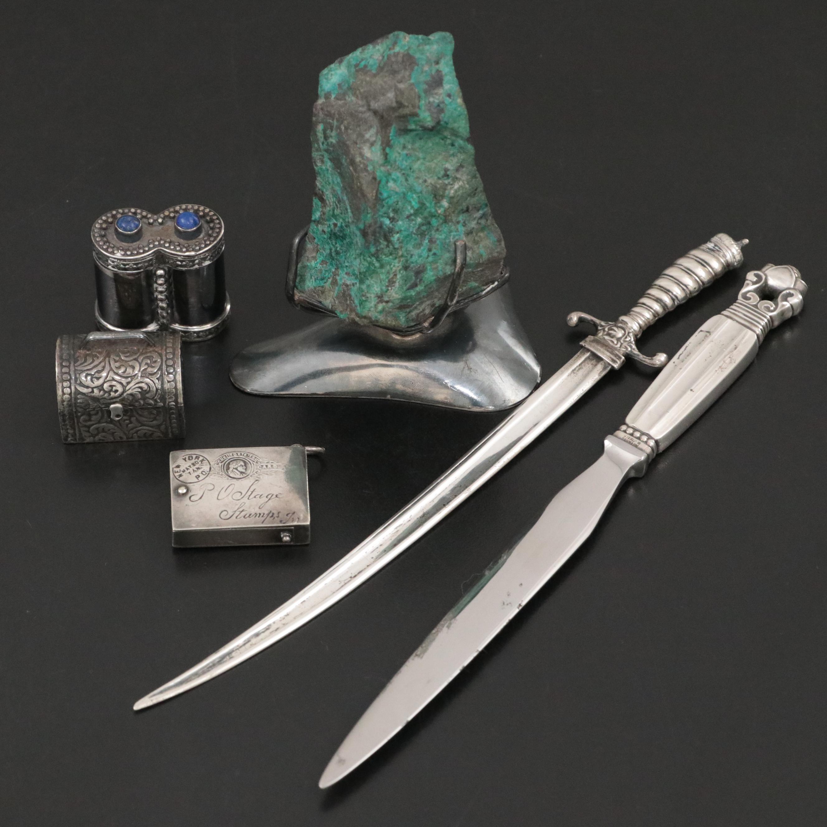 Sterling Silver Letter Openers with Sterling and Silver Boxes and Mineral