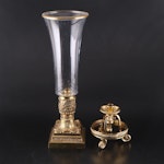 Neoclassical Style Hurricane Candle Holder and Other Brass Candlestick