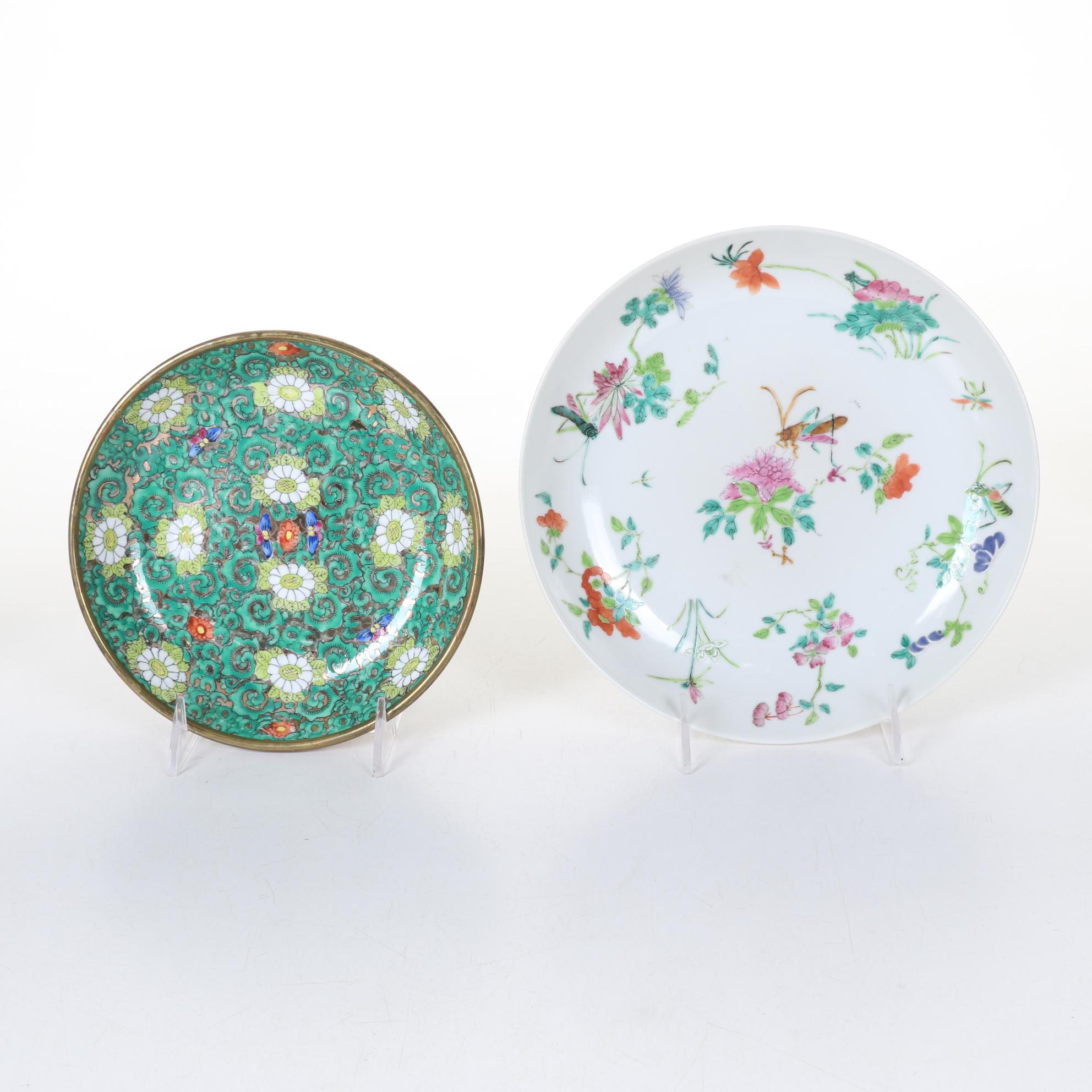 Six Chinese Qing Dynasty Hand-Decorated Porcelain Plates with Other Asian Items