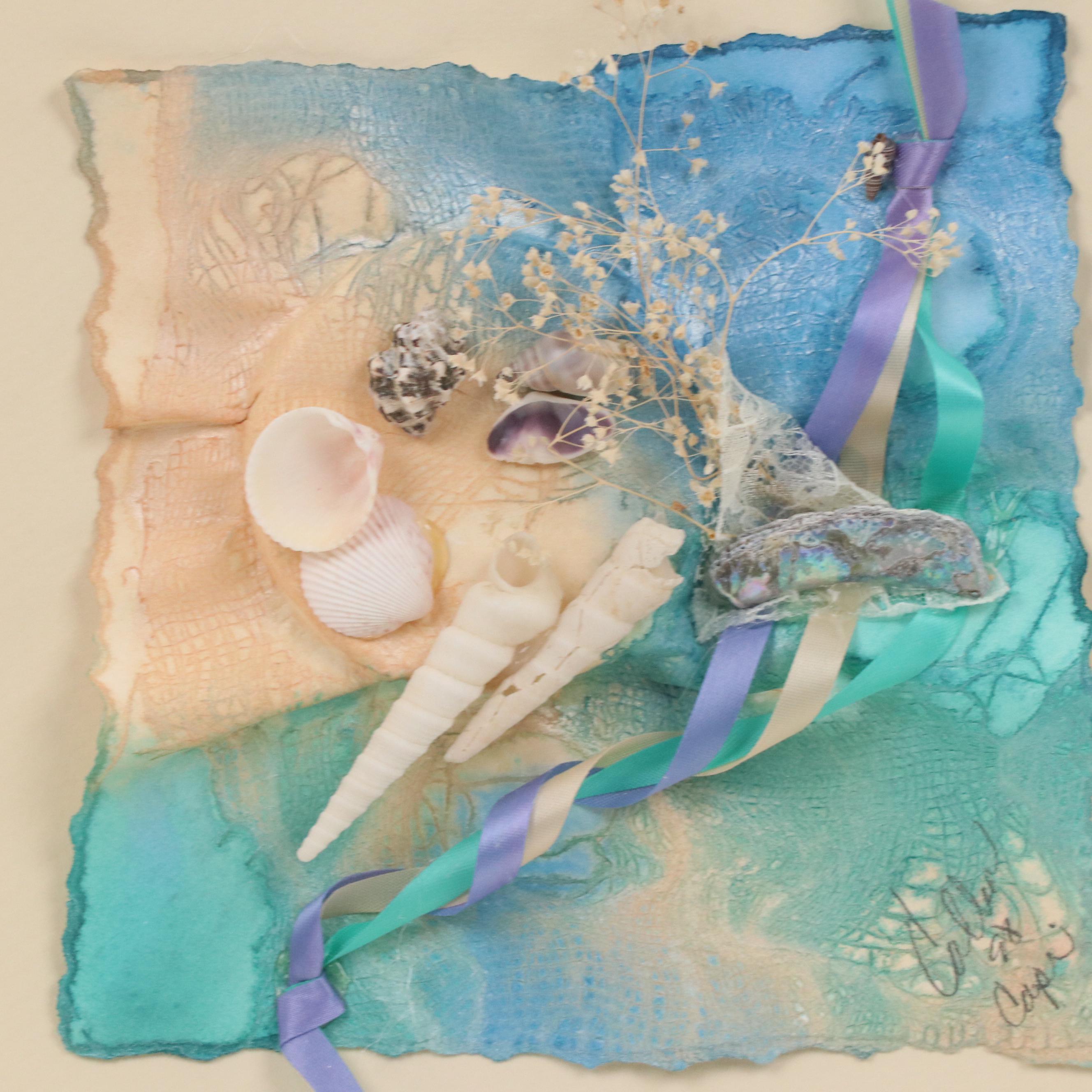 Mixed Media Assemblage with Seashells and Ribbon