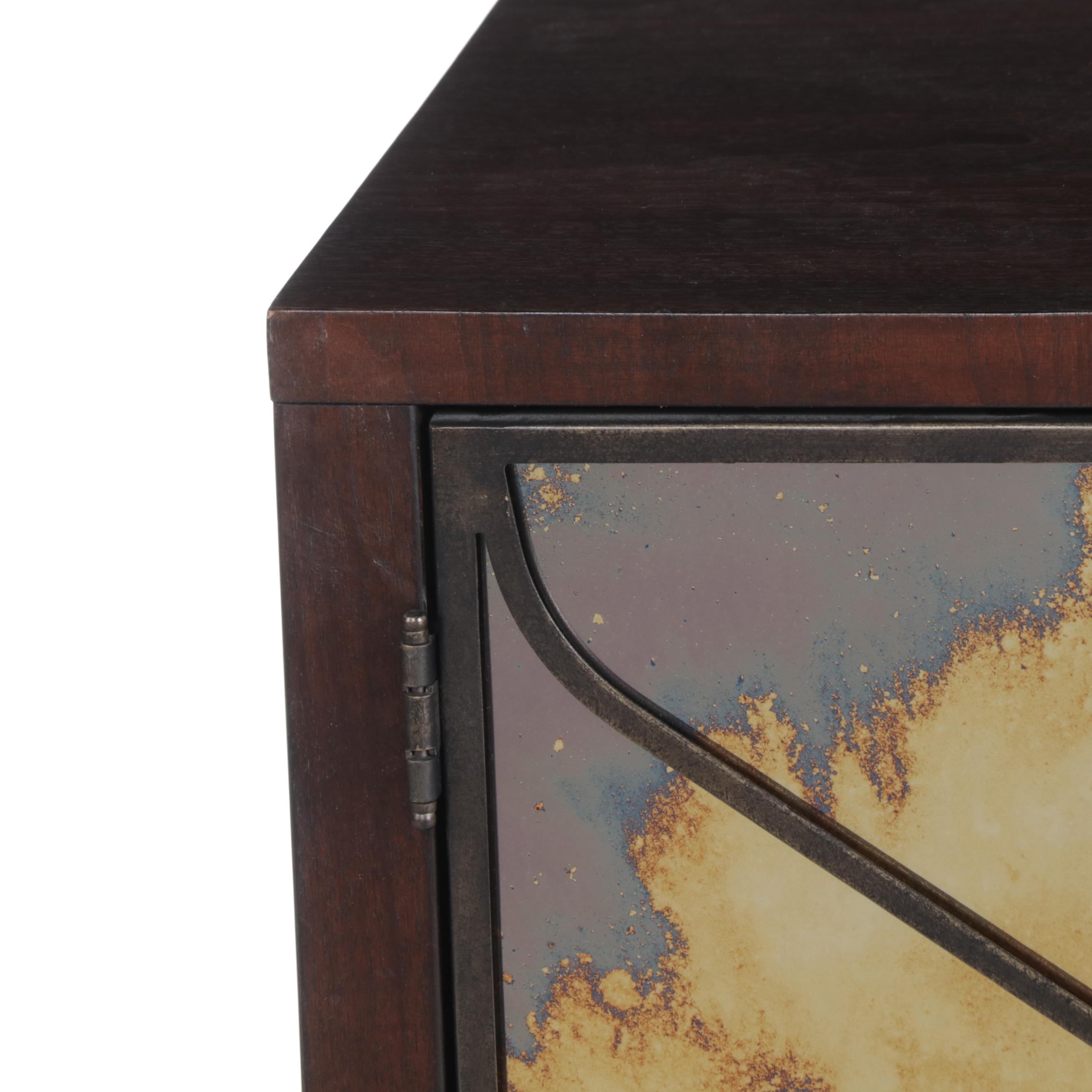 Caracole "Lorenzo" Walnut, Patinated Metal, and Mirrored Glass Server