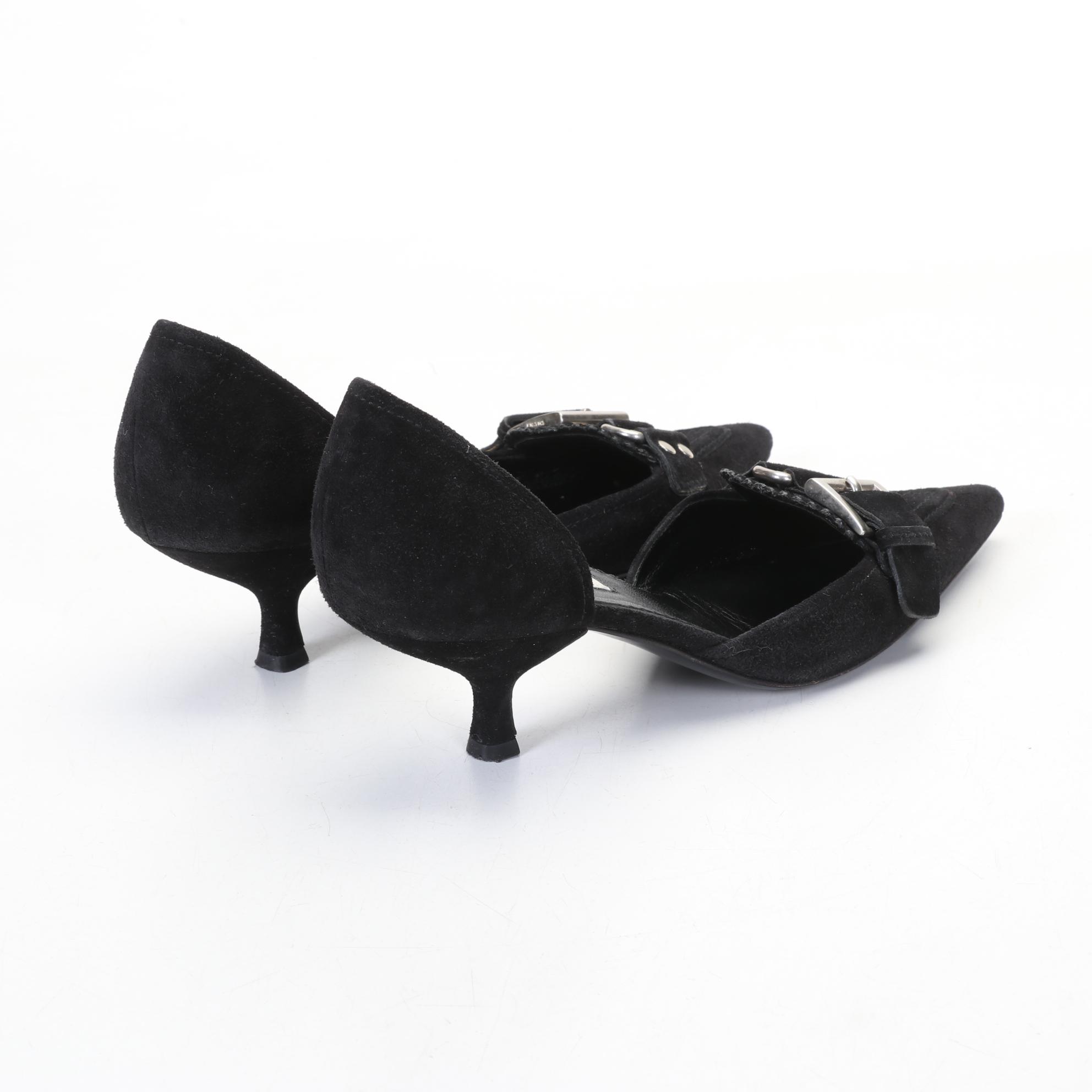 Prada Black Suede Scallop Accent D'Orsay Kitten Heel Pumps, Size 37.5