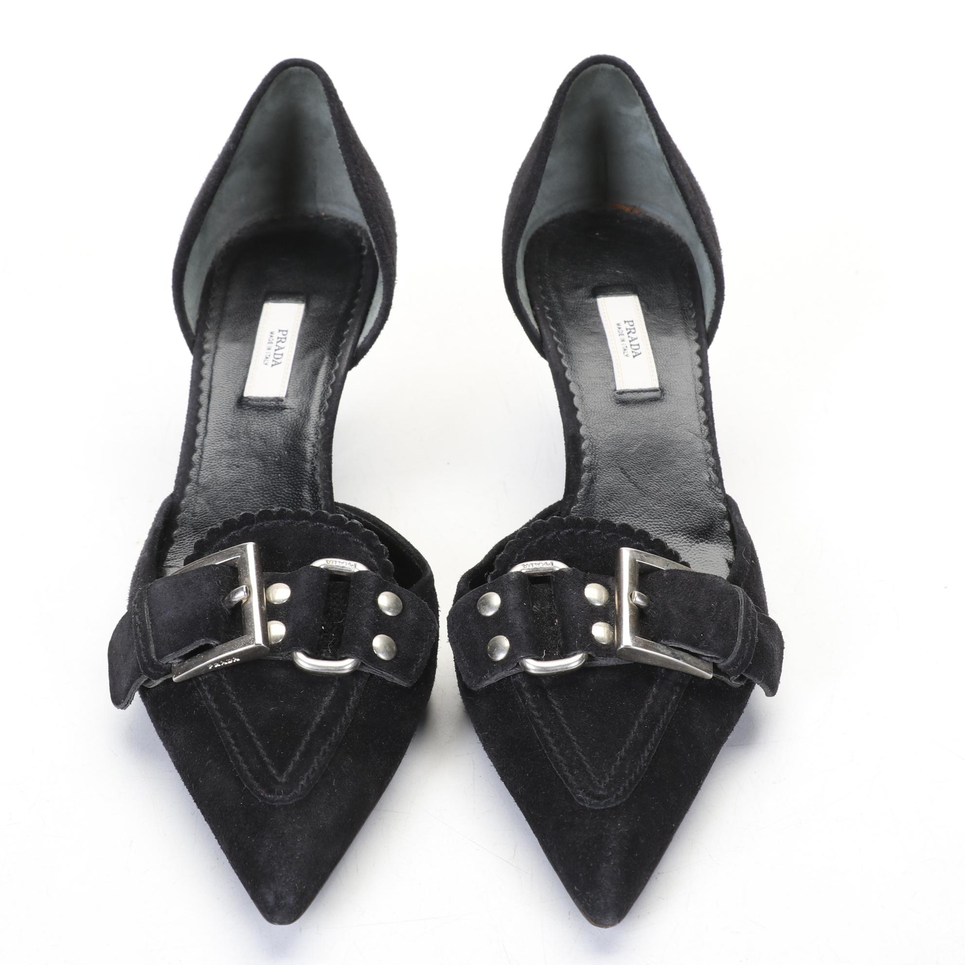 Prada Black Suede Scallop Accent D'Orsay Kitten Heel Pumps, Size 37.5