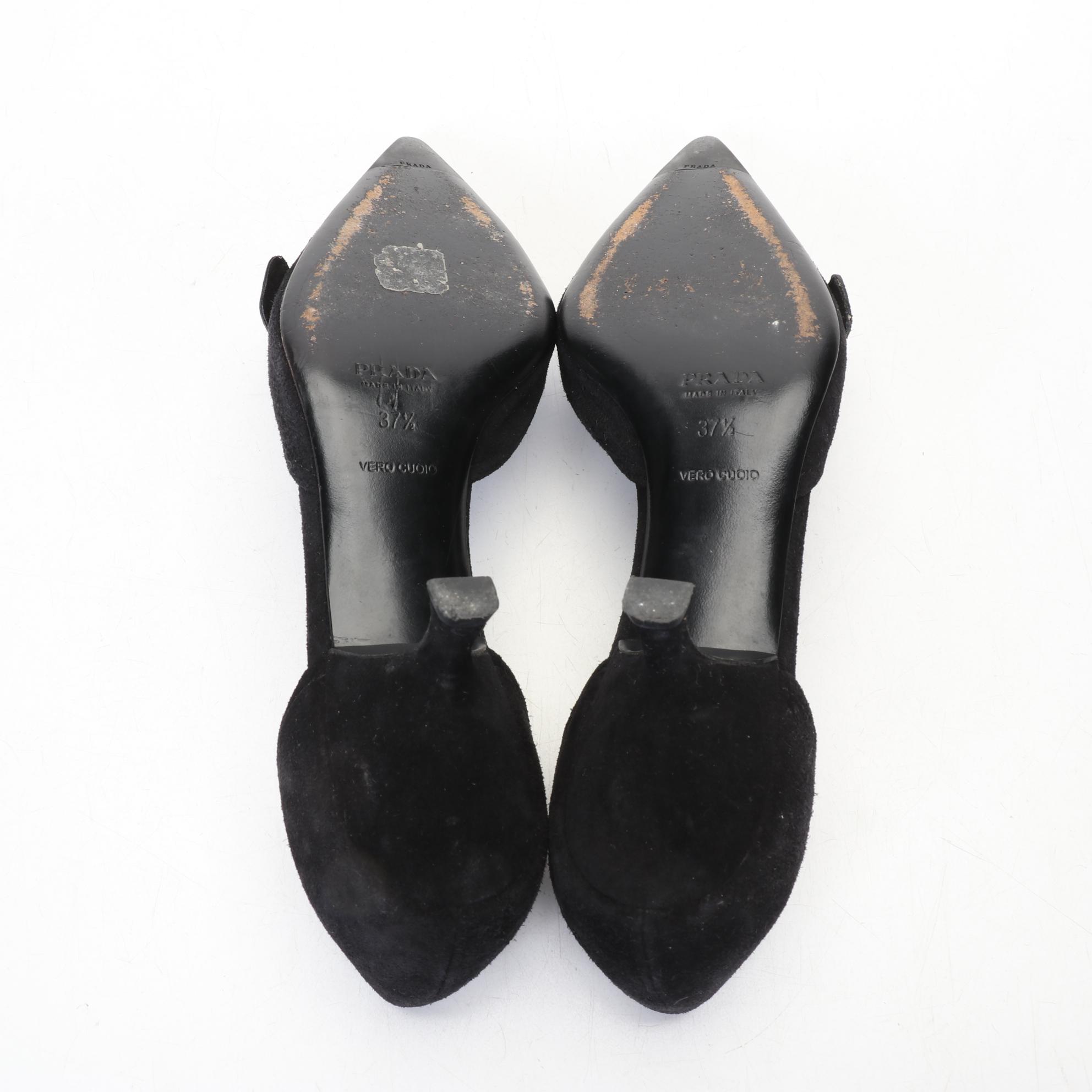 Prada Black Suede Scallop Accent D'Orsay Kitten Heel Pumps, Size 37.5