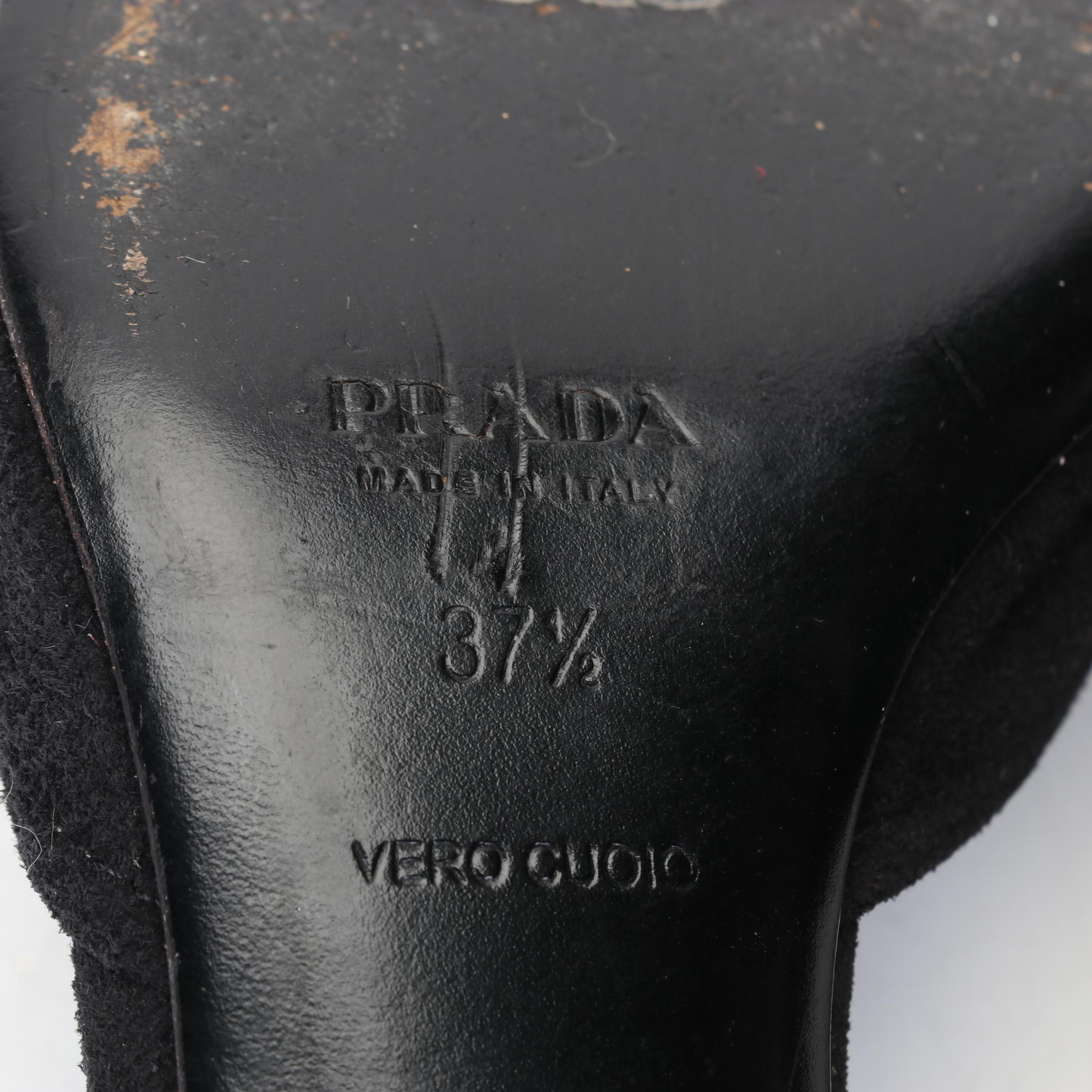 Prada Black Suede Scallop Accent D'Orsay Kitten Heel Pumps, Size 37.5