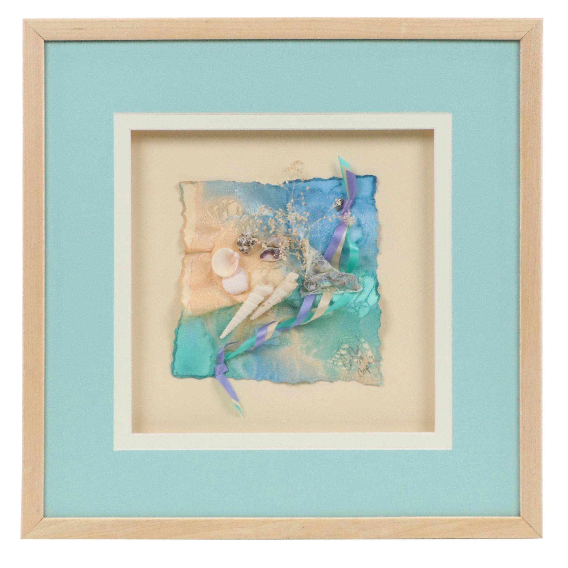 Mixed Media Assemblage with Seashells and Ribbon