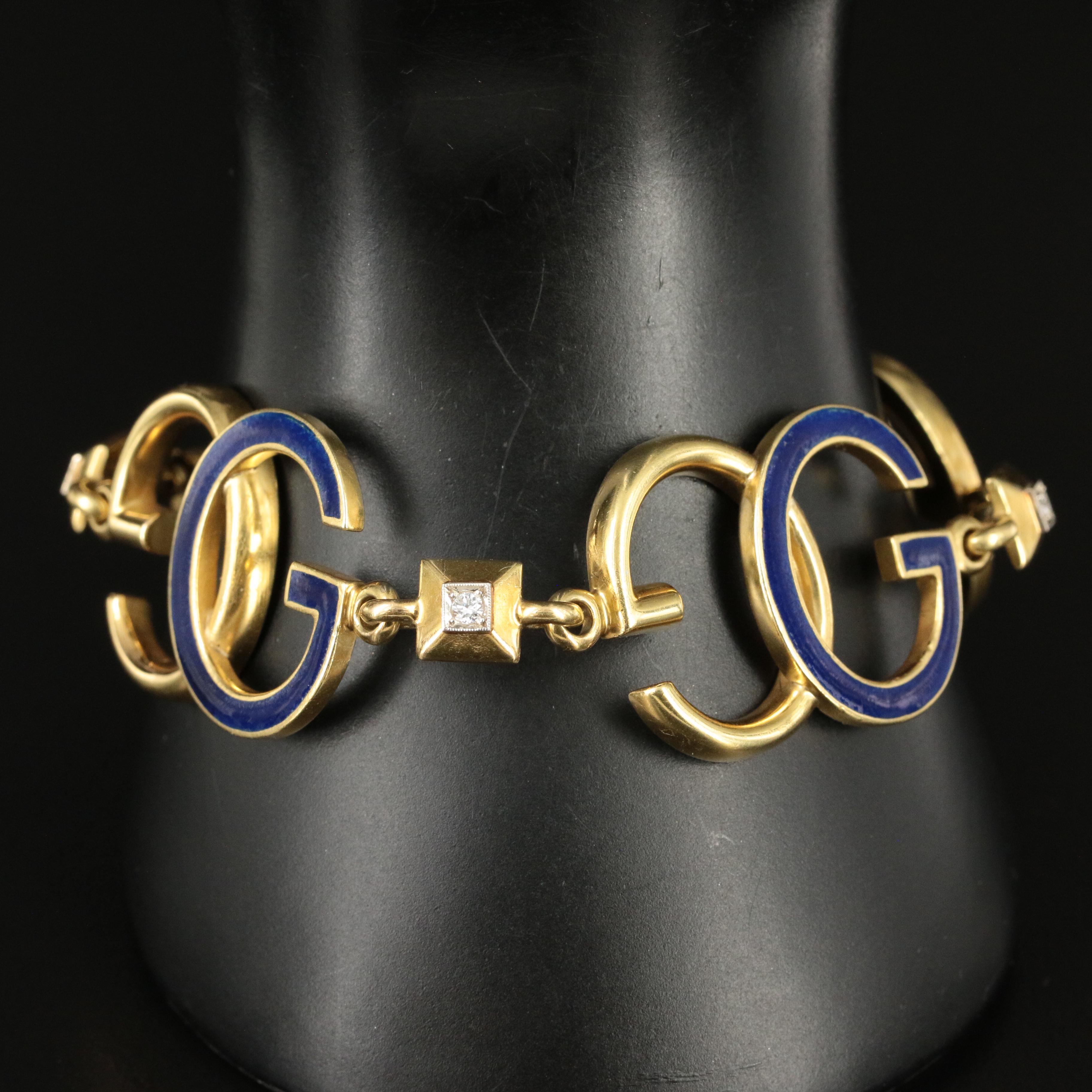 1970s Gucci 18K Interlocking G Logo Diamond and Enamel Bracelet | EBTH