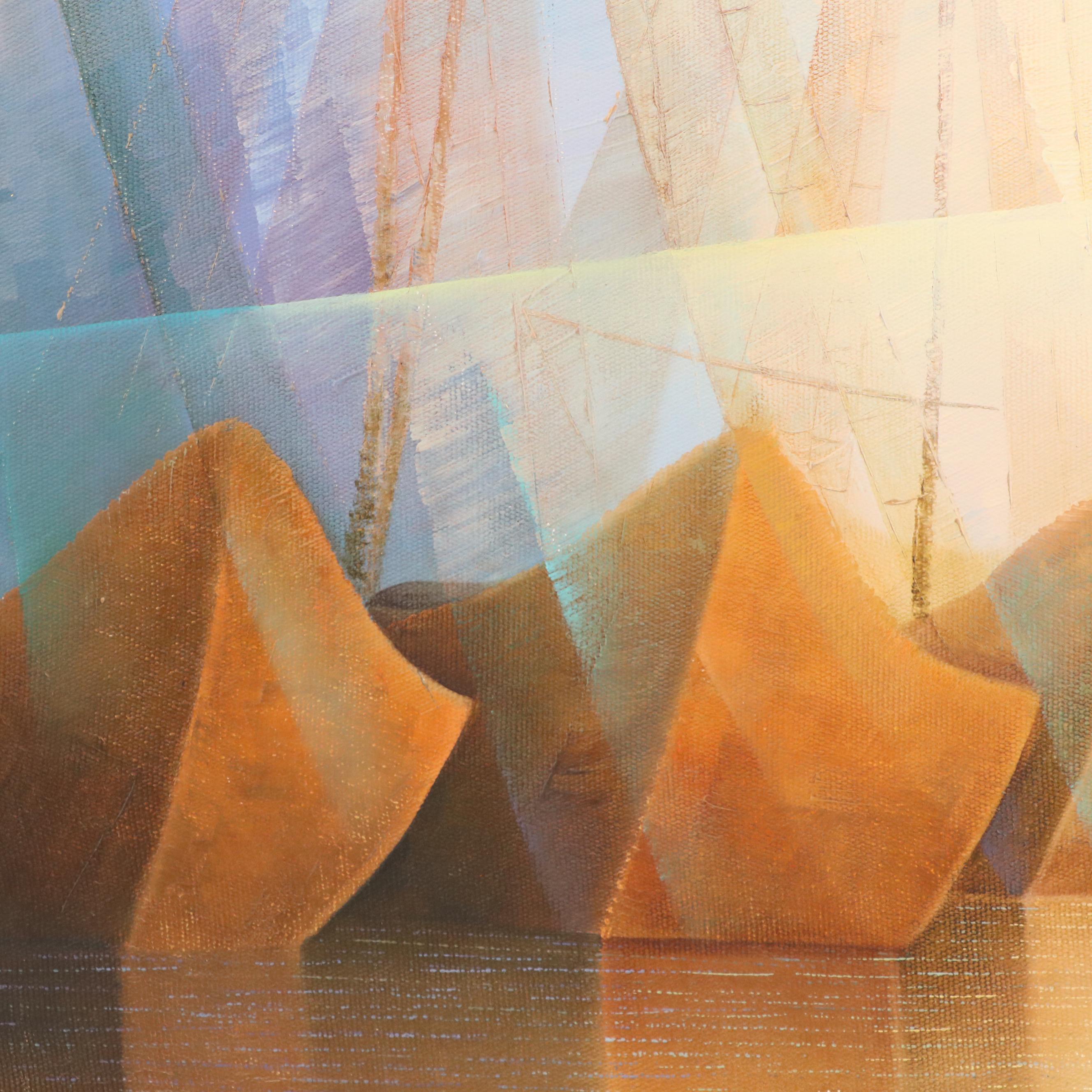 Teodoro Reque Liza Oil Painting of Seascape with Sailing Ships, 2011