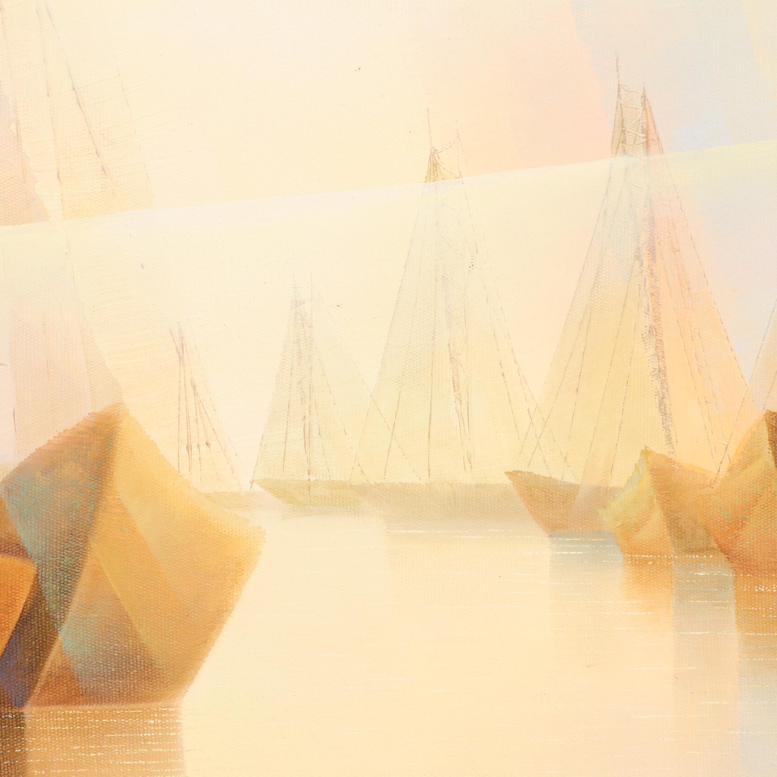 Teodoro Reque Liza Oil Painting of Seascape with Sailing Ships, 2011