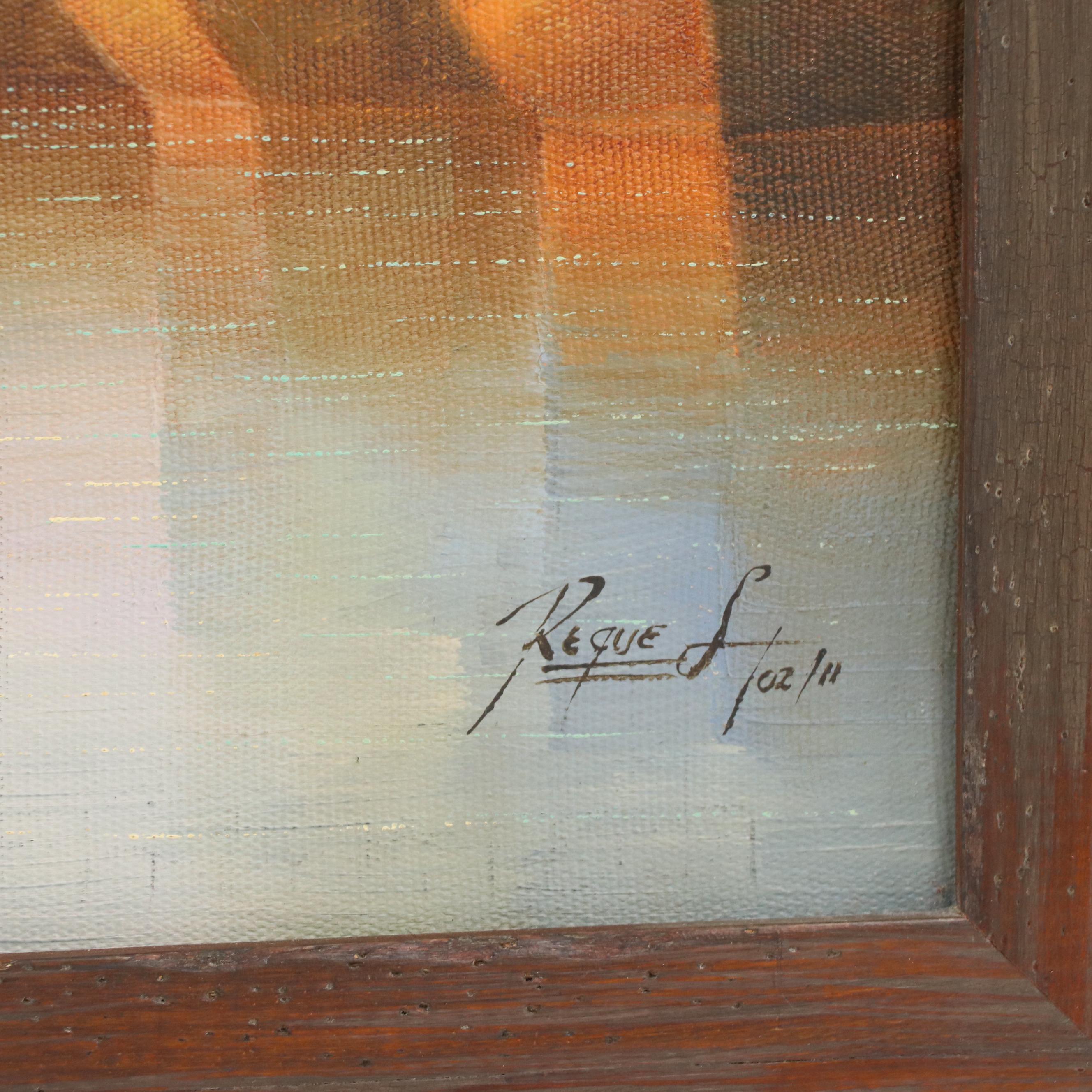 Teodoro Reque Liza Oil Painting of Seascape with Sailing Ships, 2011