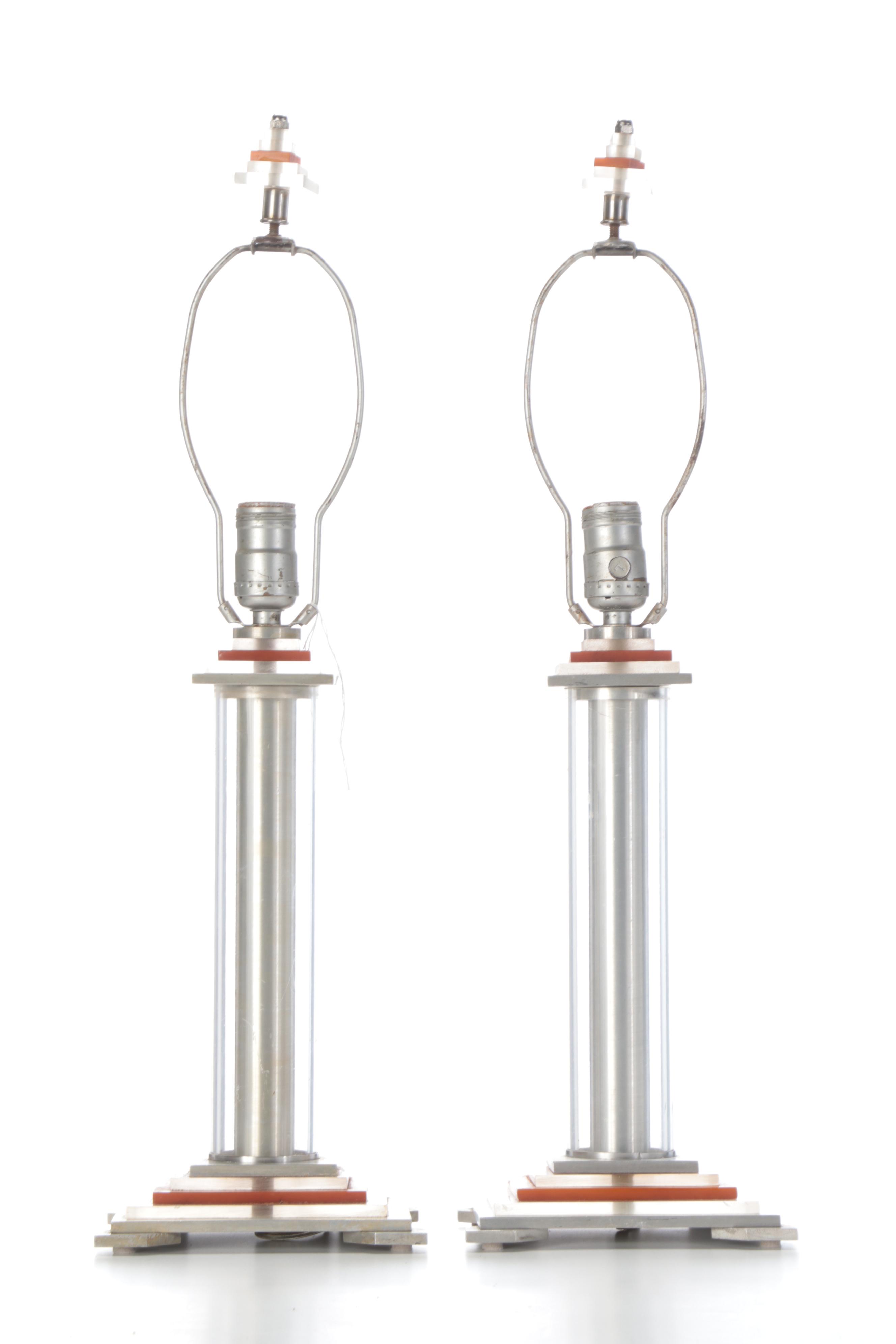 Late Art Deco Bakelite, Aluminum and Acrylic Table Lamps Pair, Mid-20th C