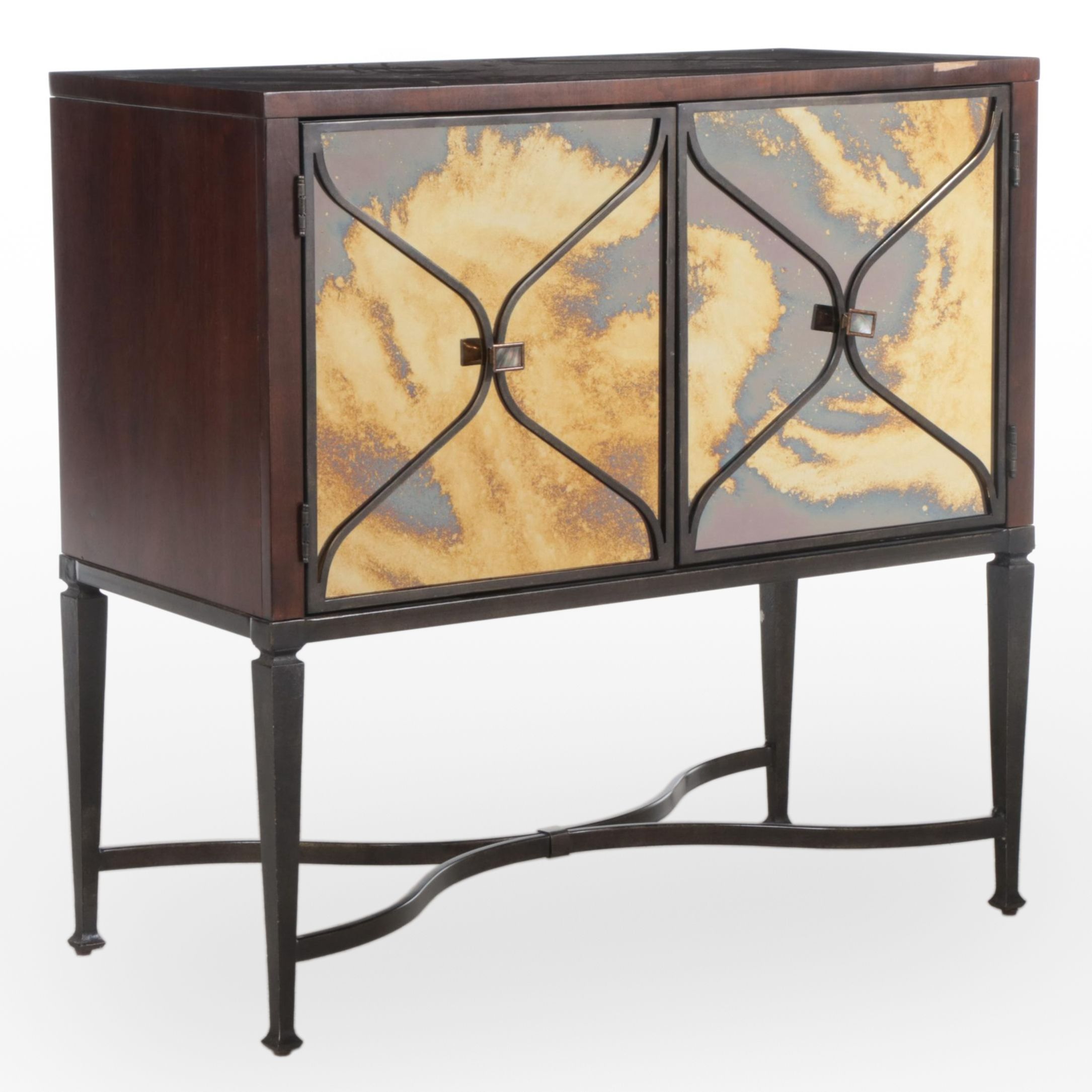 Caracole "Lorenzo" Walnut, Patinated Metal, and Mirrored Glass Server