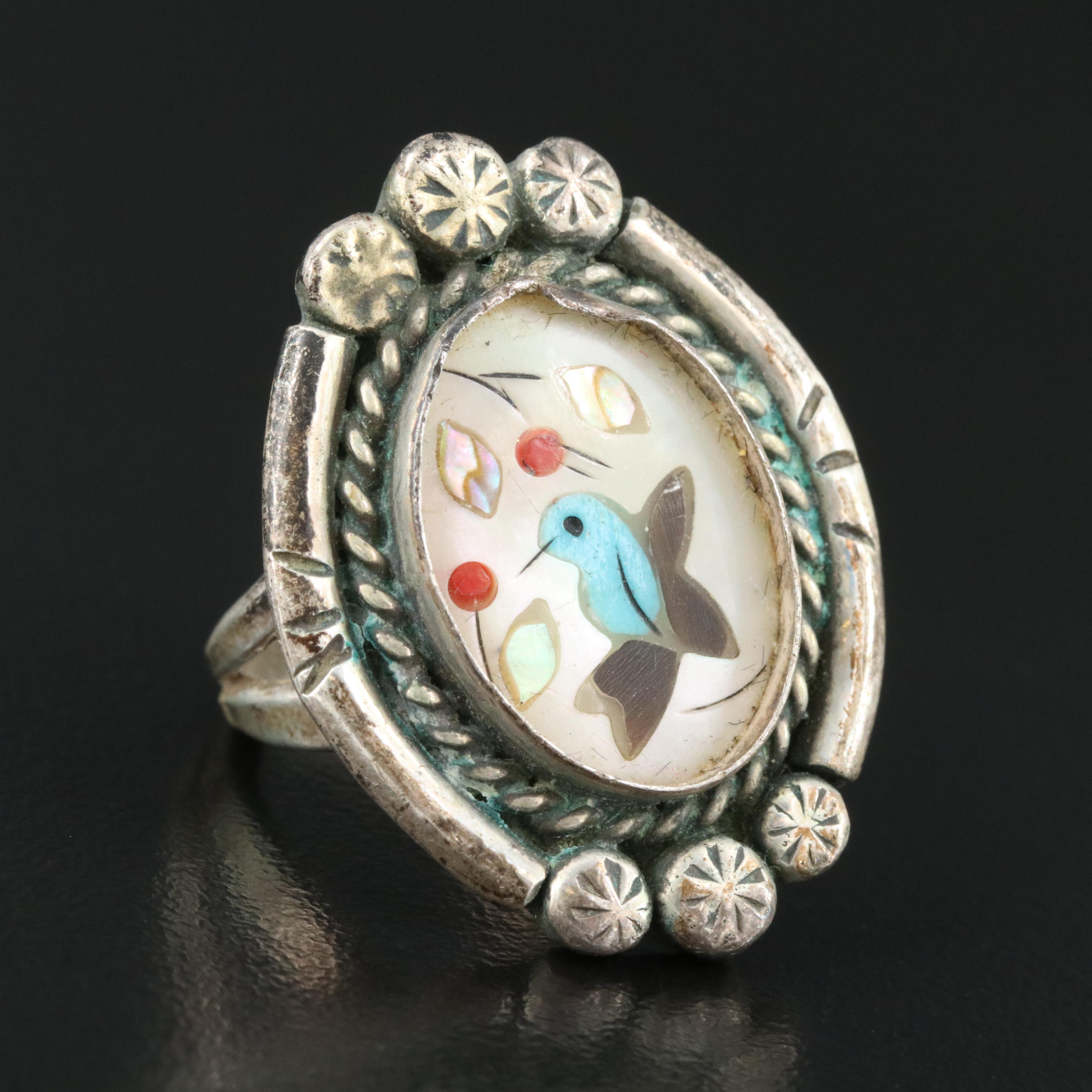 Sterling Mother of Pearl, Turquoise, Coral, and Gemstone Ring