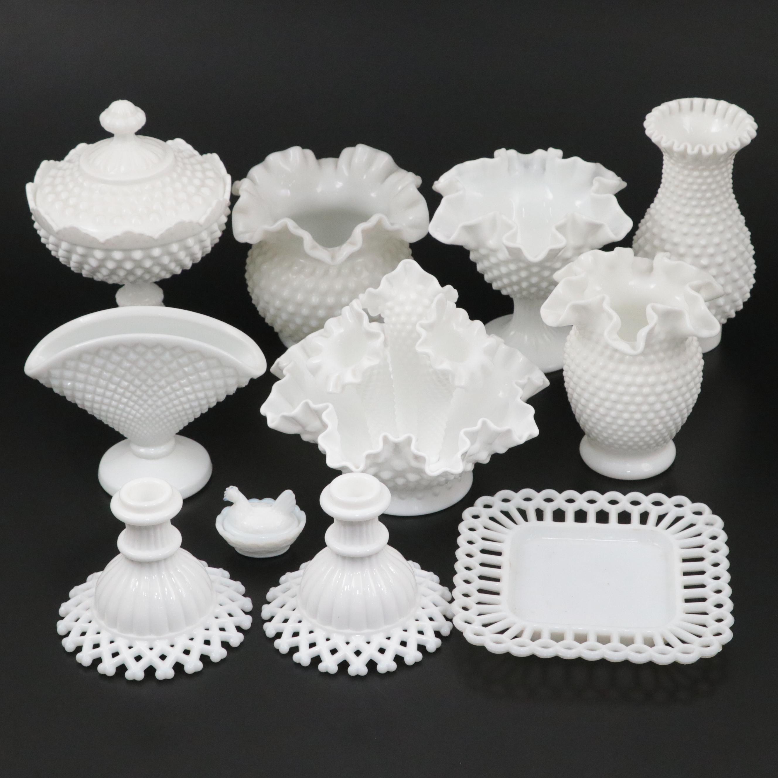 Fenton Hobnail Milk Glass Epergne with Milk Glass Hurricane Lampshade and More