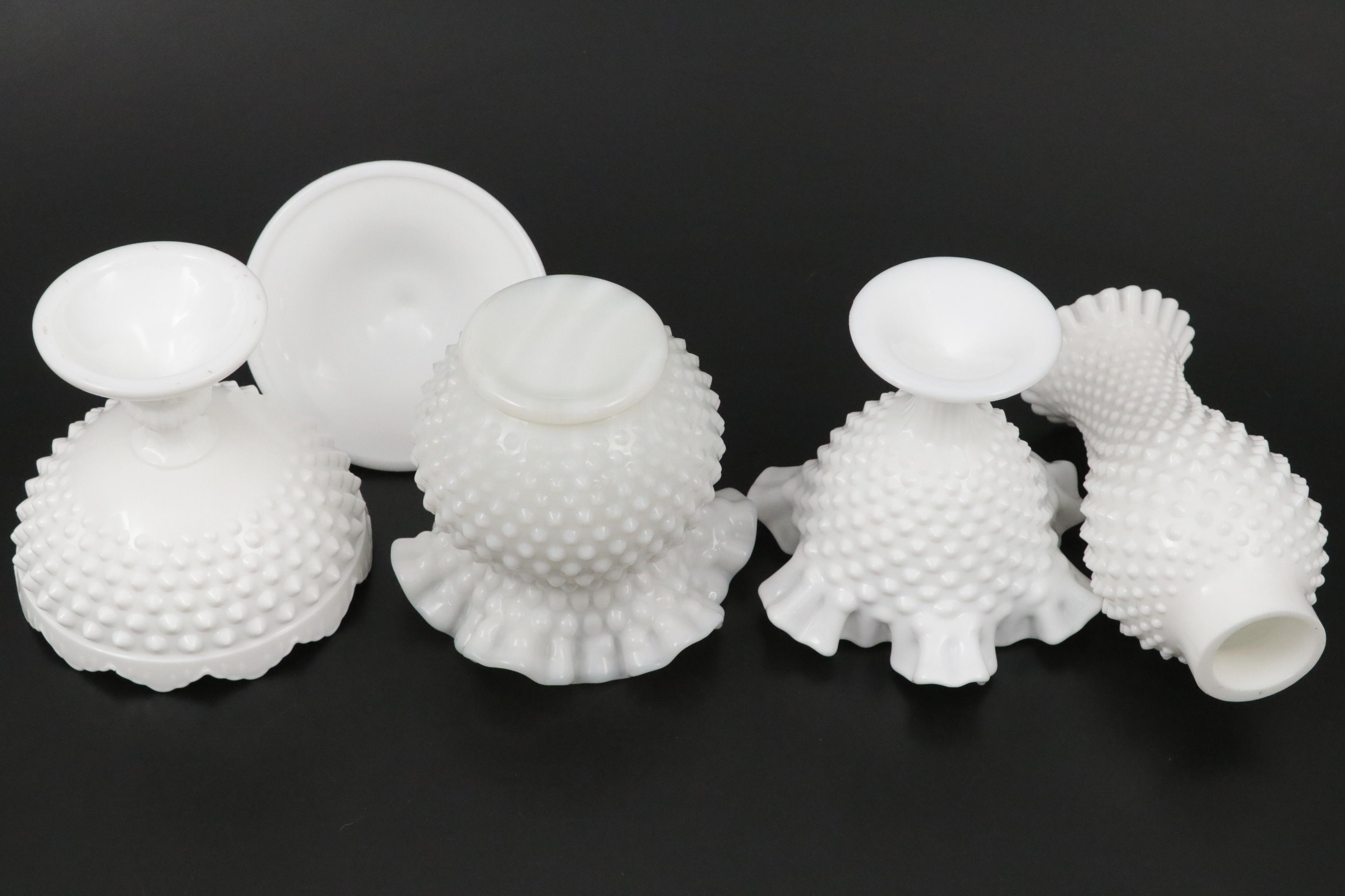 Fenton Hobnail Milk Glass Epergne with Milk Glass Hurricane Lampshade and More