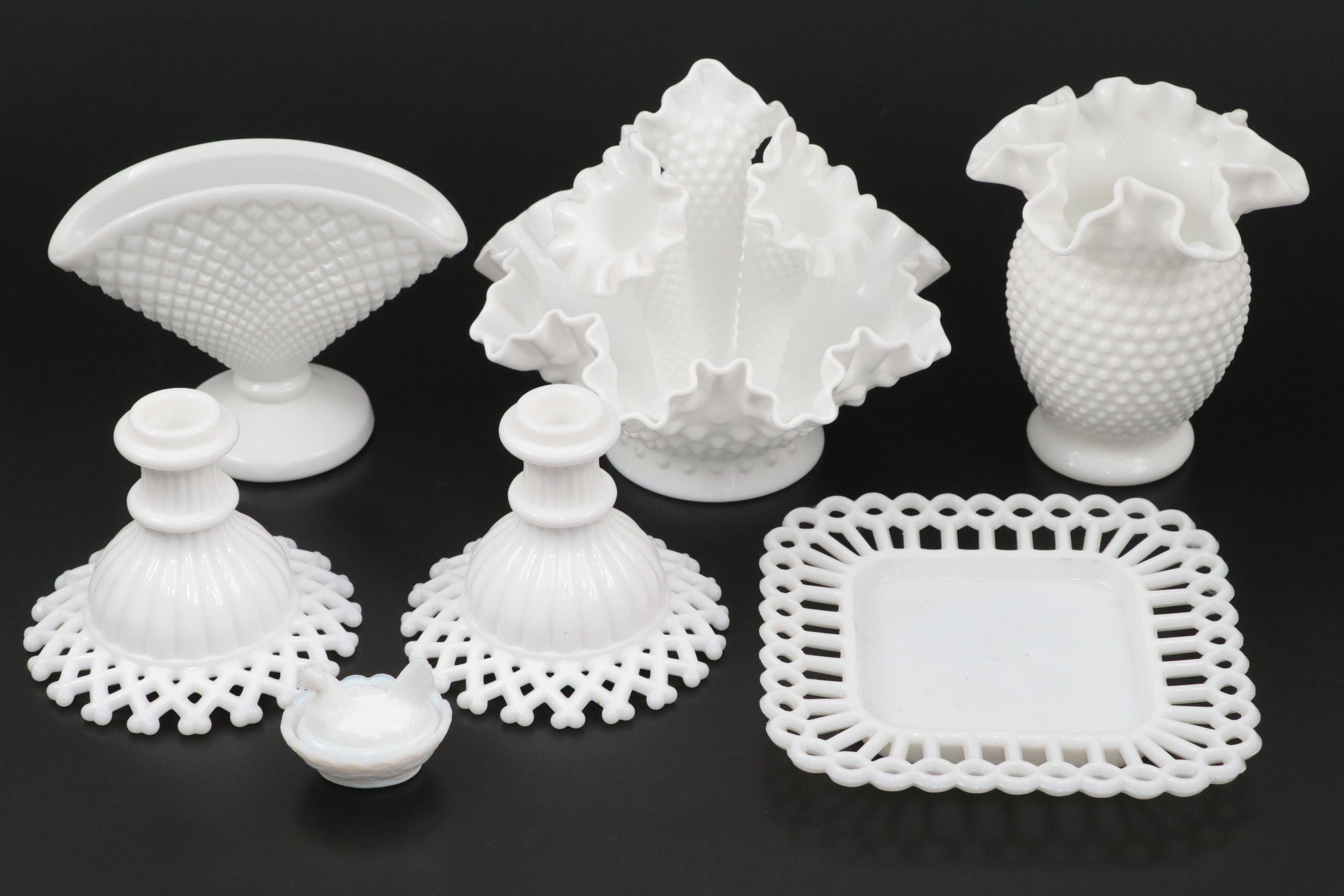 Fenton Hobnail Milk Glass Epergne with Milk Glass Hurricane Lampshade and More