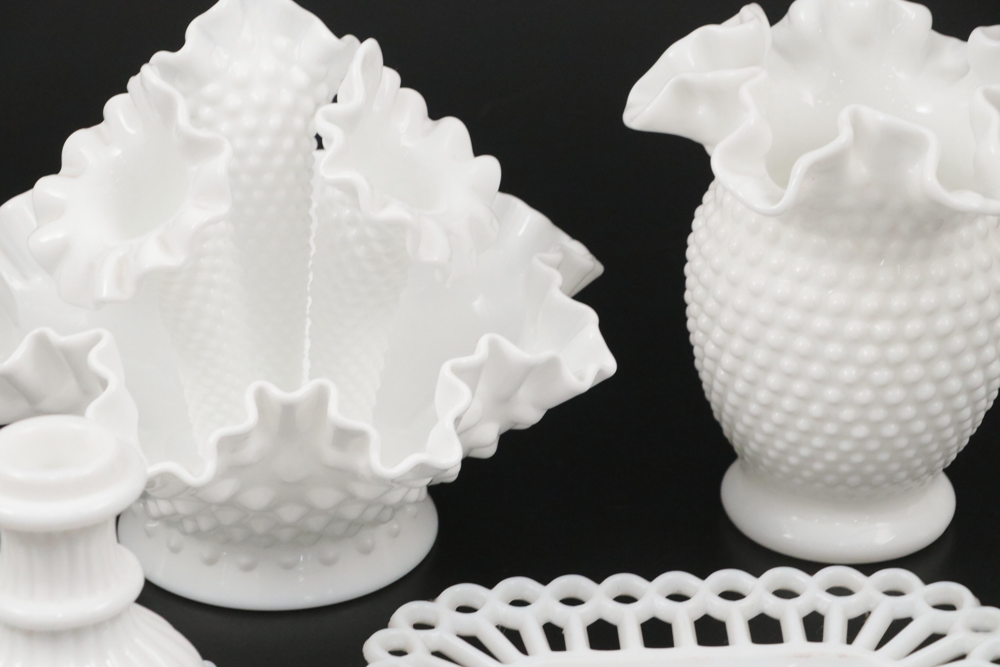 Fenton Hobnail Milk Glass Epergne with Milk Glass Hurricane Lampshade and More